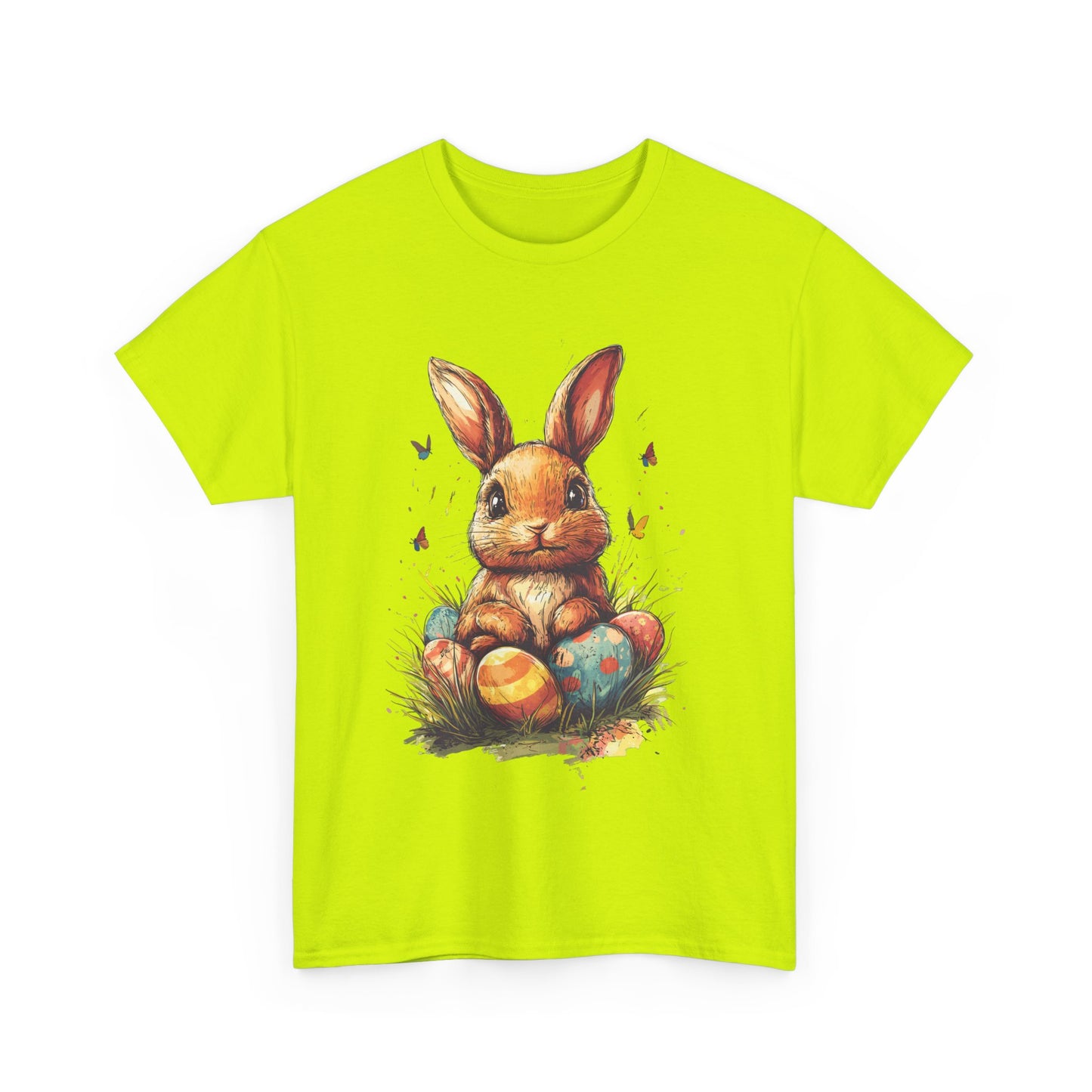 Playful Easter Bunny with Colorful Eggs Unisex Heavy Cotton Tee - Festive Spring Apparel - Tee Fusion Lab