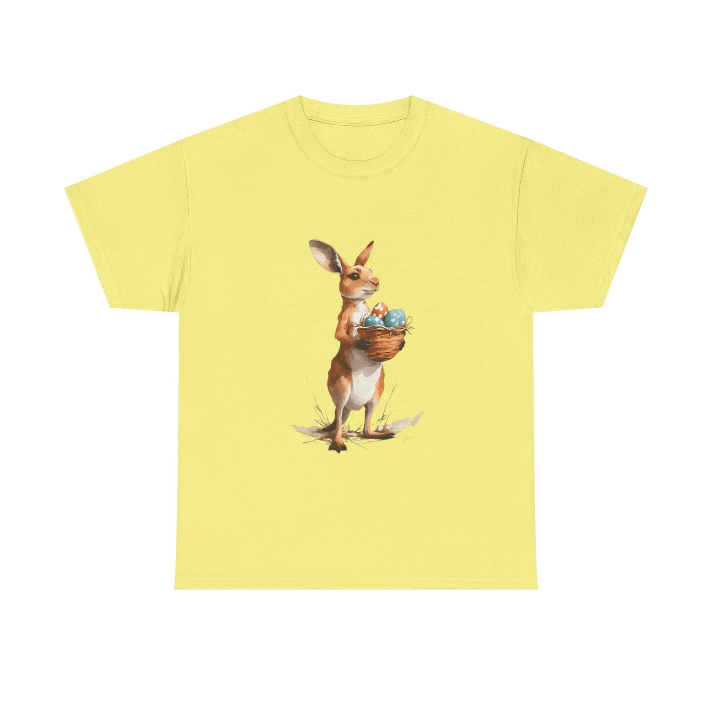 Easter Kangaroo with Basket of Eggs Unisex Heavy Cotton Tee - Cute Kangaroo with Eggs Design