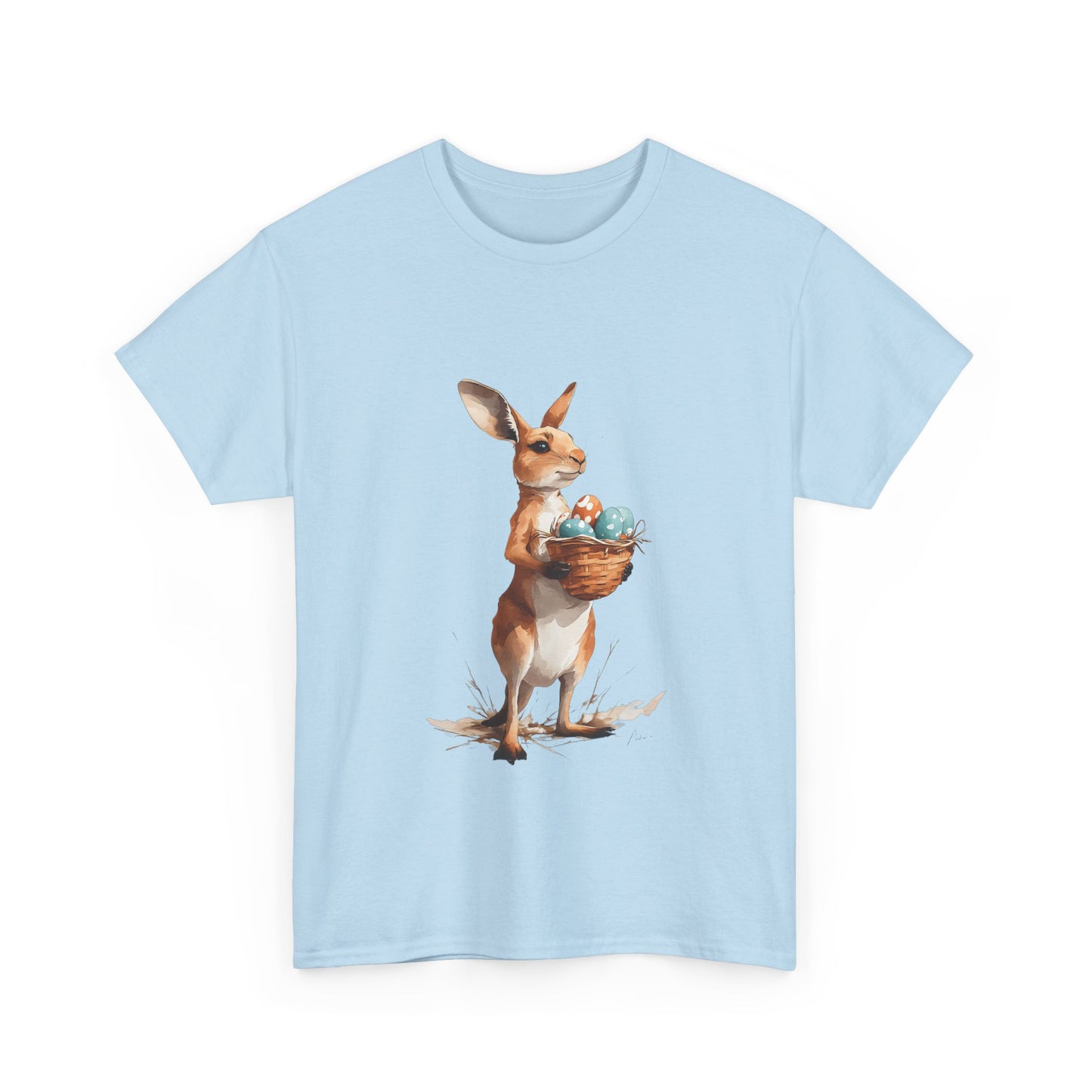 Easter Kangaroo with Basket of Eggs Unisex Heavy Cotton Tee - Cute Kangaroo with Eggs Design