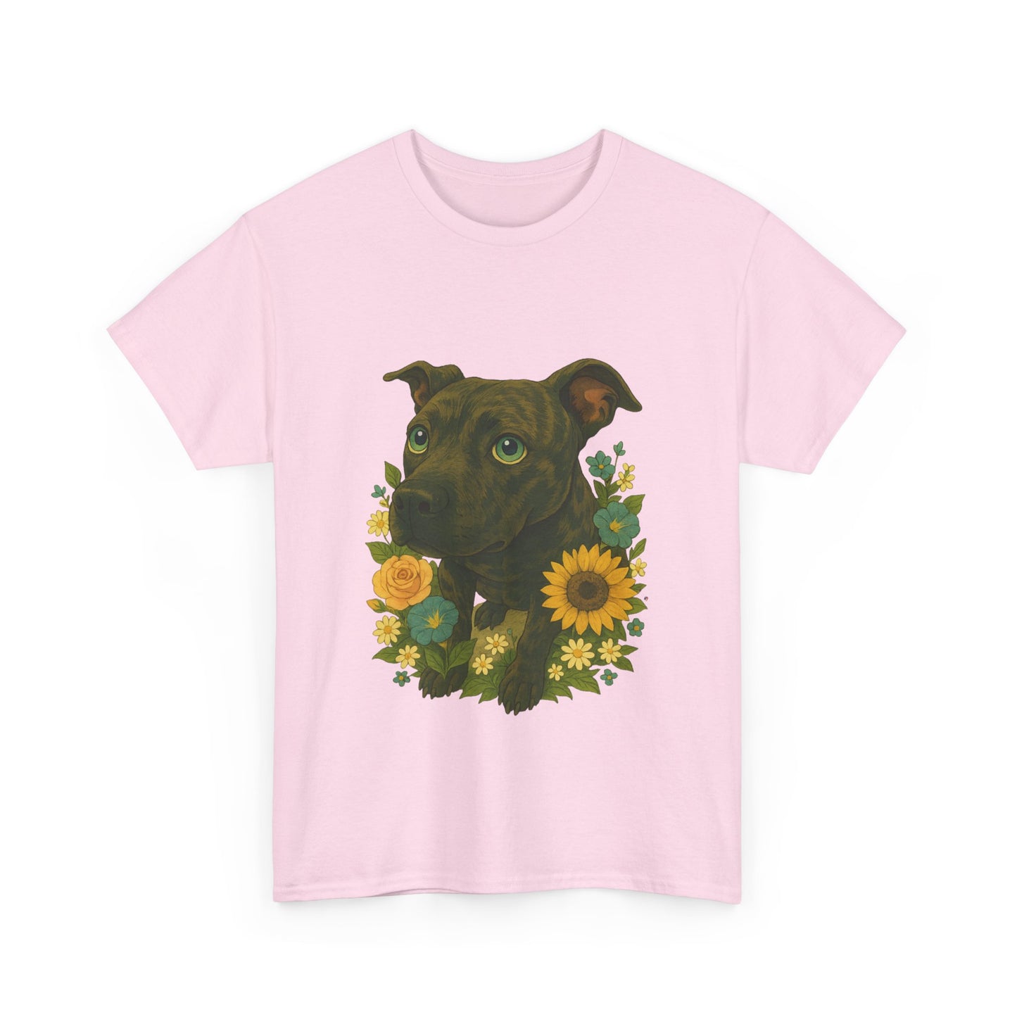 Bloom Pup – Floral Pitbull Portrait Tee Unisex Heavy Cotton Tee - Floral Dog Design