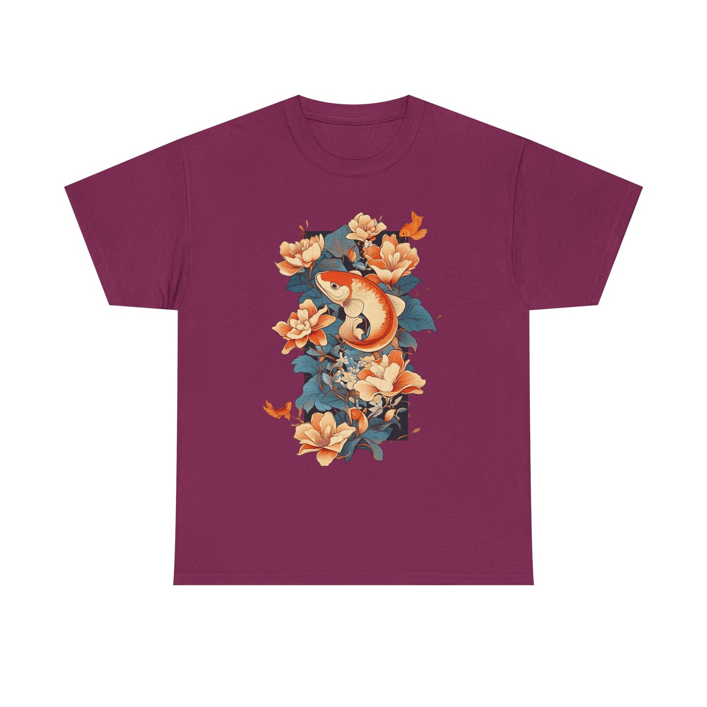 Floral Koi Unisex Heavy Cotton Tee - Vibrant Nature-Inspired Shirt for Casual Wear - Tee Fusion Lab