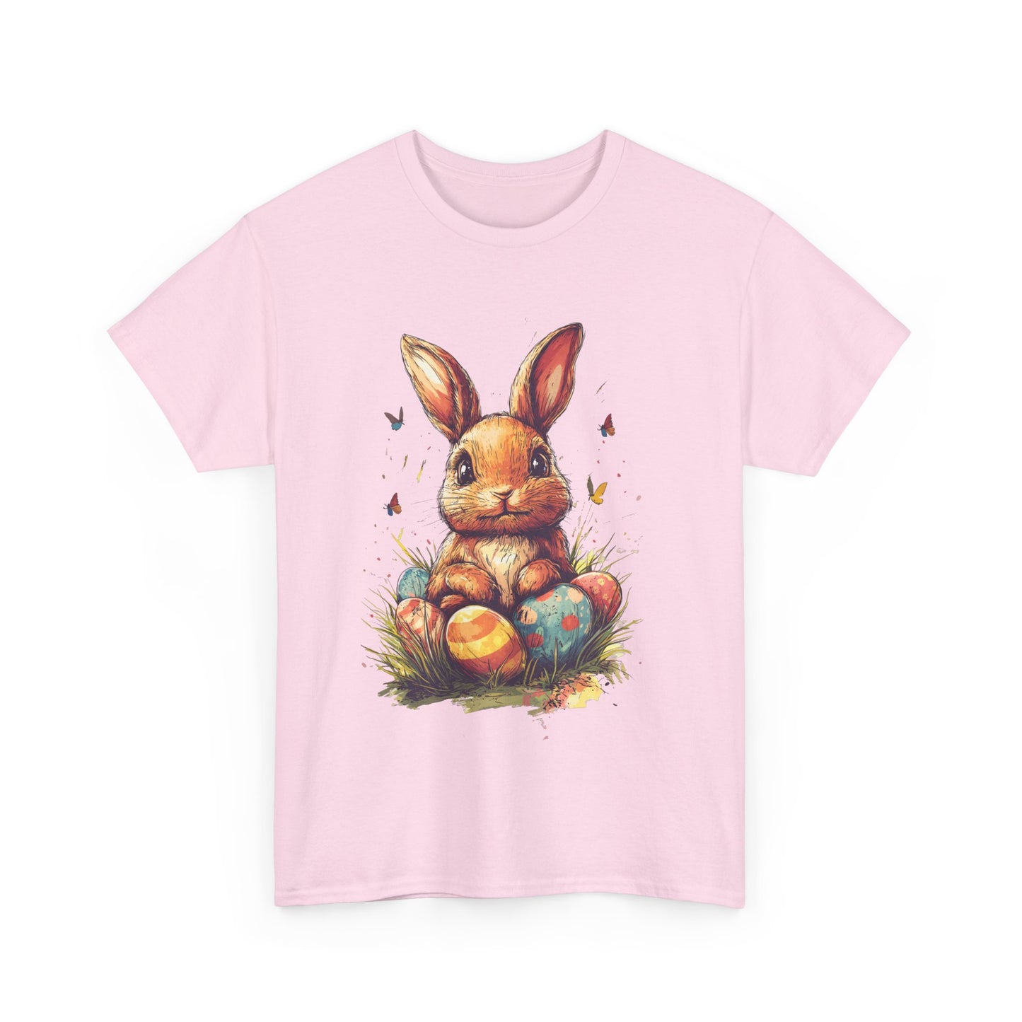 Playful Easter Bunny with Colorful Eggs Unisex Heavy Cotton Tee - Festive Spring Apparel - Tee Fusion Lab