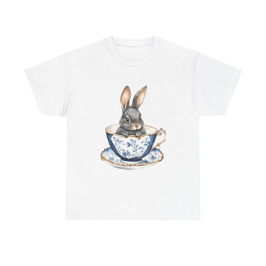 Elegant Bunny in Vintage Teacup Unisex Heavy Cotton Tee - Tee Fusion Lab