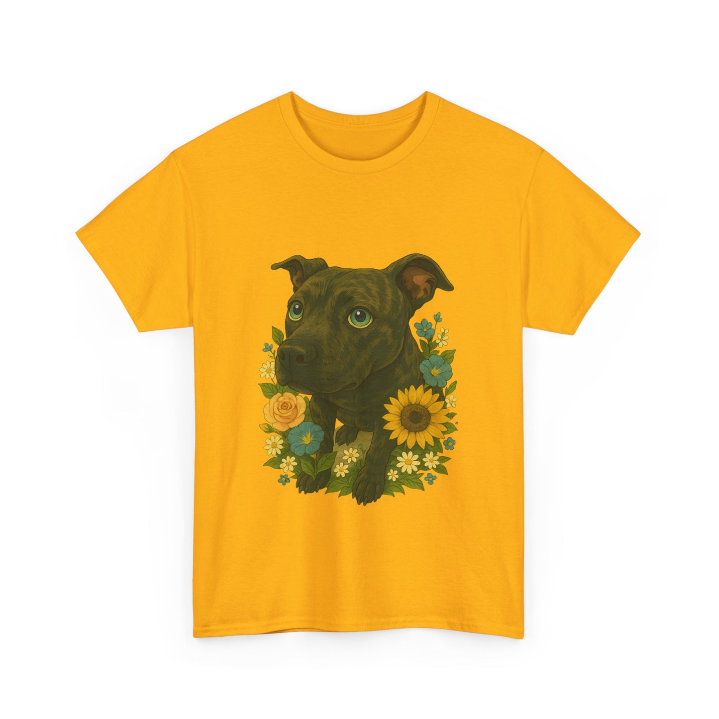 Bloom Pup – Floral Pitbull Portrait Tee Unisex Heavy Cotton Tee - Floral Dog Design