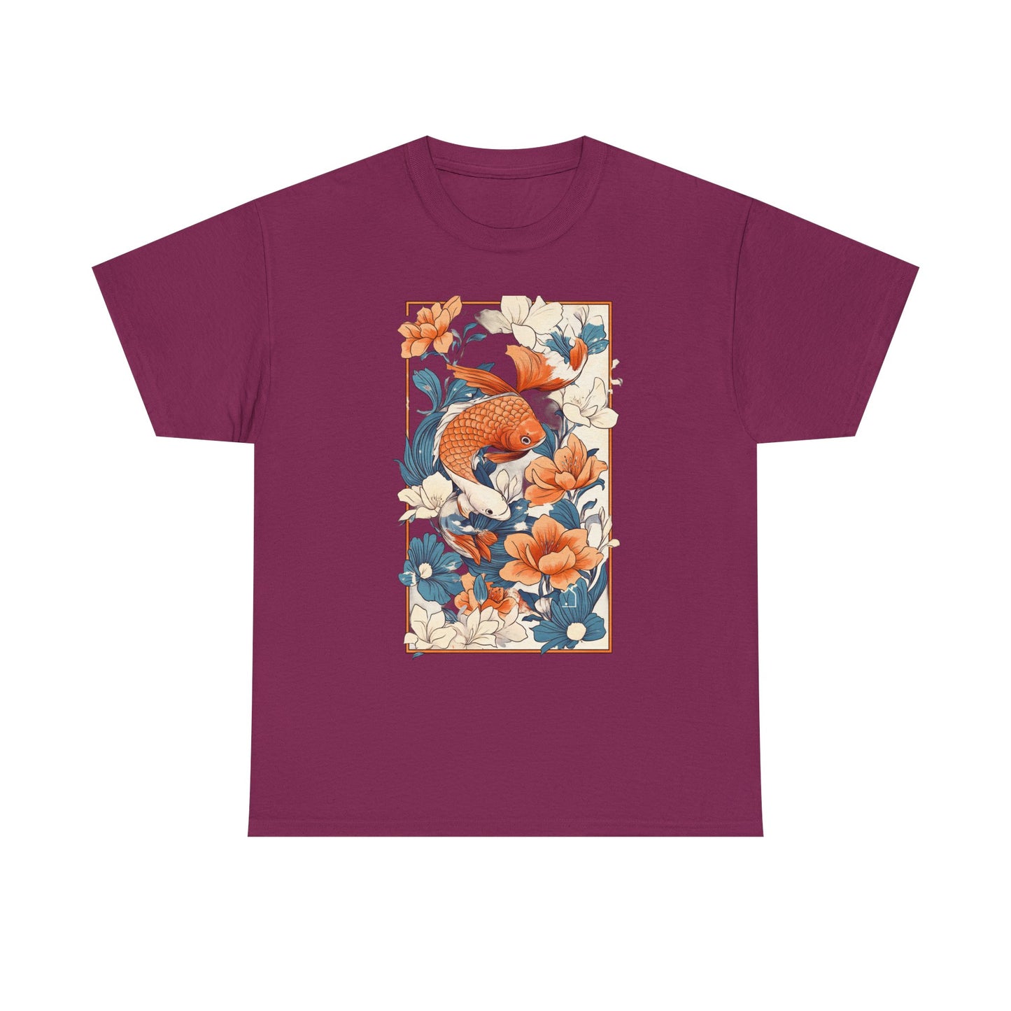 Koi Fish Floral Unisex Heavy Cotton Tee - Vibrant Nature-Inspired Graphic T-Shirt