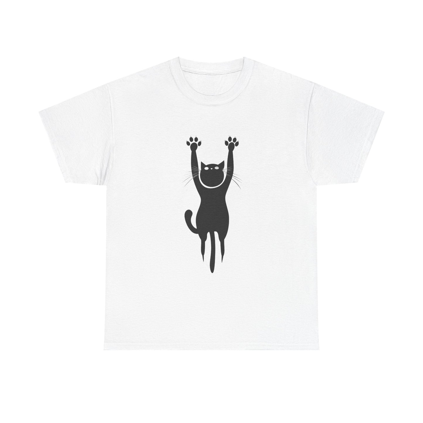Playful Cat Unisex Heavy Cotton Tee - Stretching Hanging Cat - Tee Fusion Lab