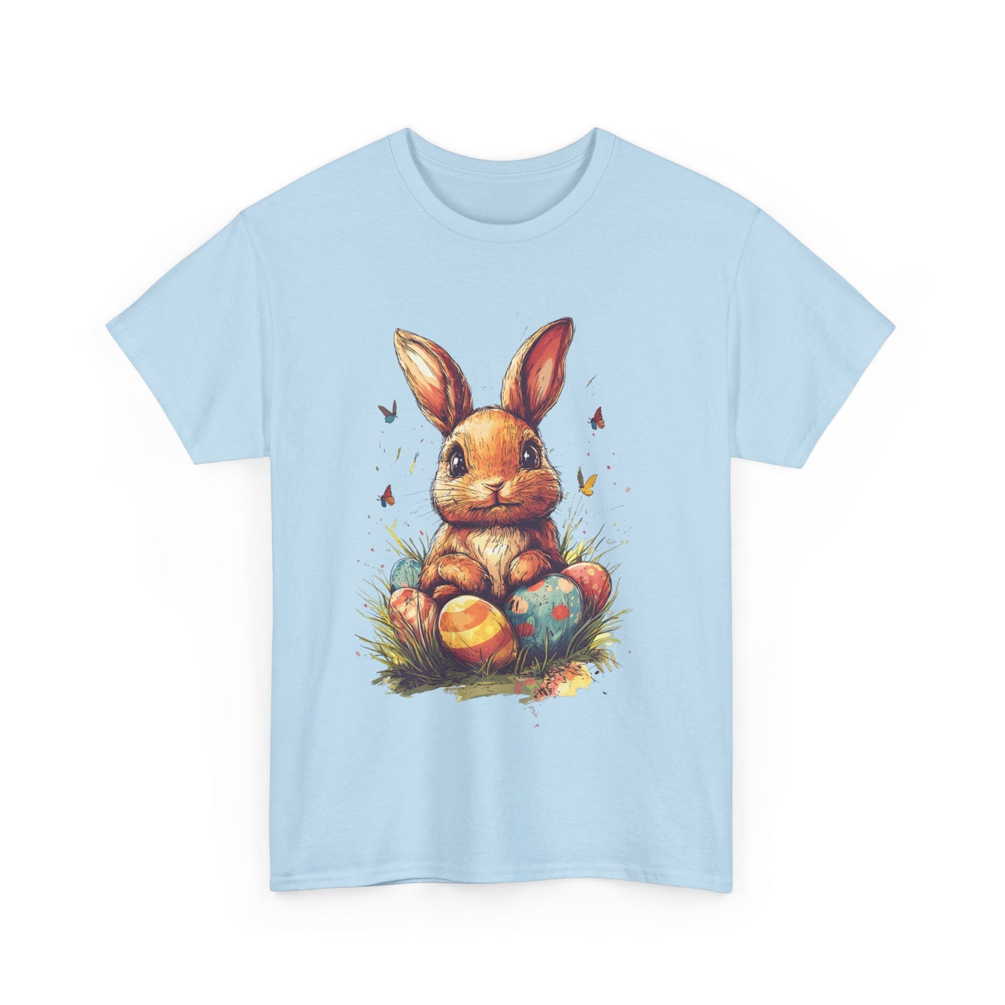 Playful Easter Bunny with Colorful Eggs Unisex Heavy Cotton Tee - Festive Spring Apparel - Tee Fusion Lab