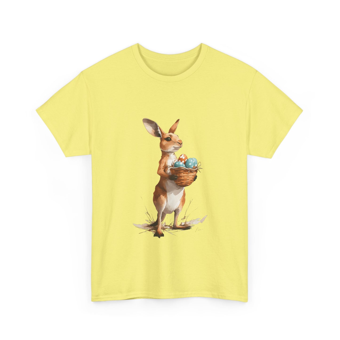 Easter Kangaroo with Basket of Eggs Unisex Heavy Cotton Tee - Cute Kangaroo with Eggs Design