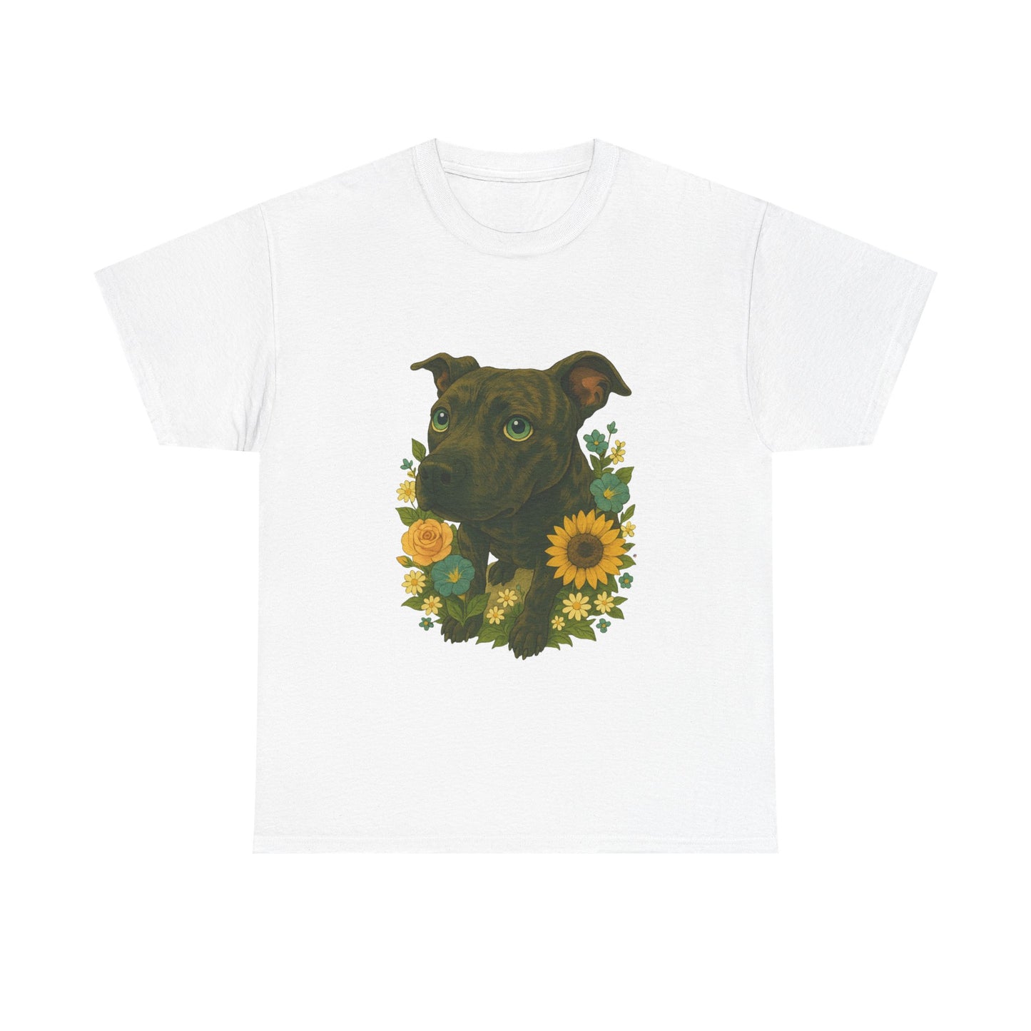 Bloom Pup – Floral Pitbull Portrait Tee Unisex Heavy Cotton Tee - Floral Dog Design