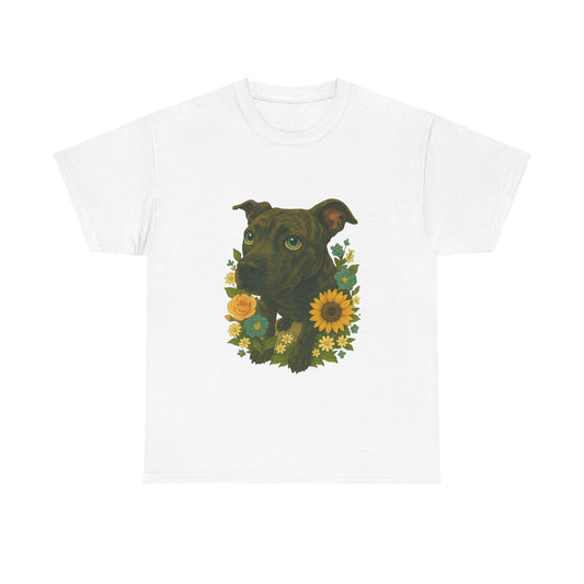 Bloom Pup – Floral Pitbull Portrait Tee Unisex Heavy Cotton Tee - Floral Dog Design - Tee Fusion Lab