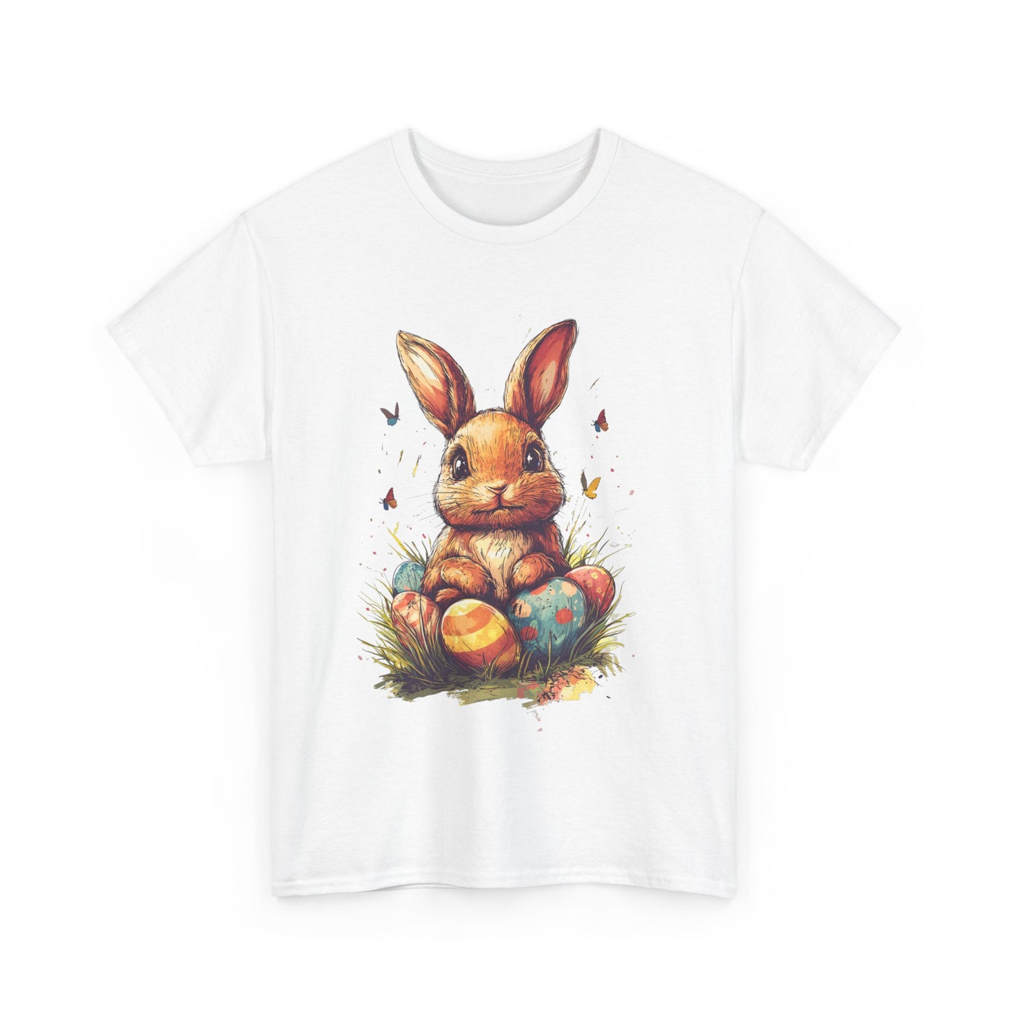Playful Easter Bunny with Colorful Eggs Unisex Heavy Cotton Tee - Festive Spring Apparel - Tee Fusion Lab