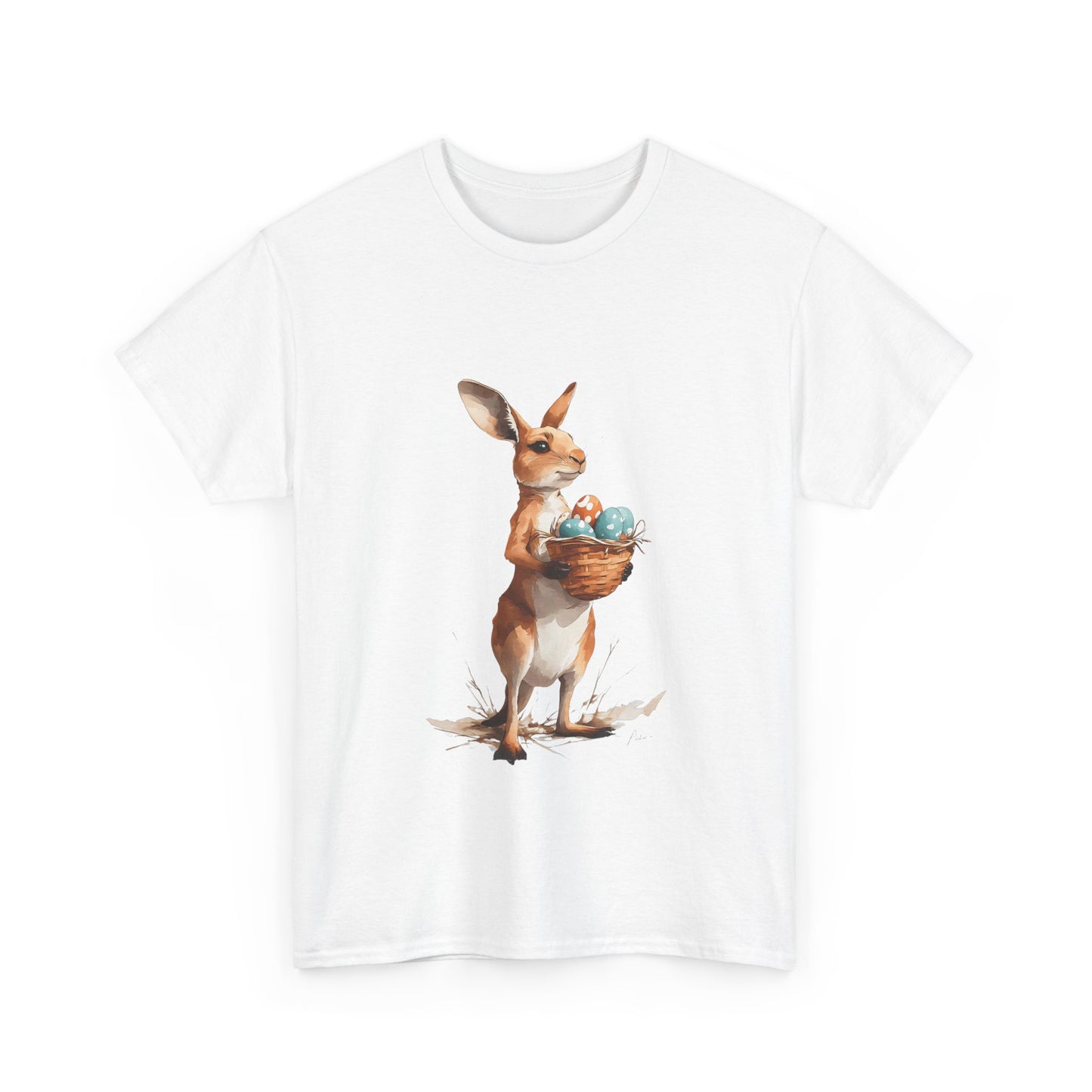 Easter Kangaroo with Basket of Eggs Unisex Heavy Cotton Tee - Cute Kangaroo with Eggs Design