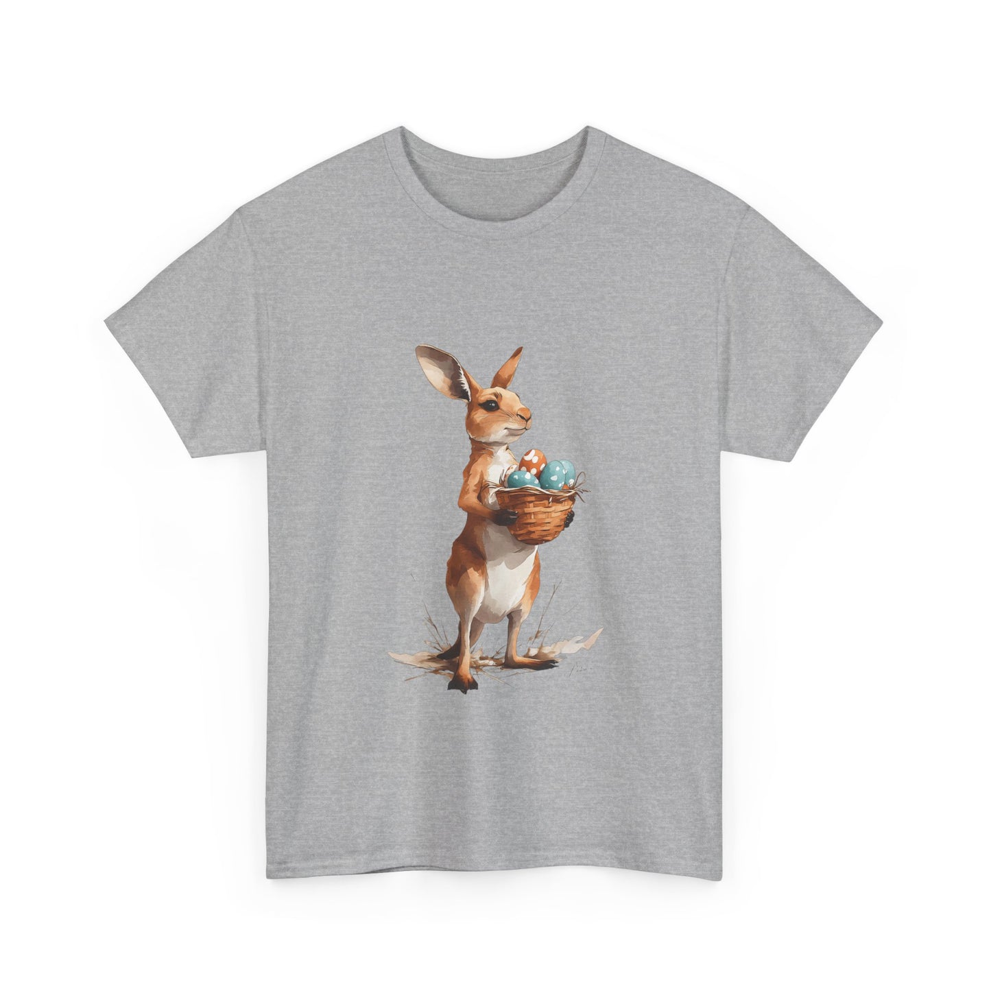 Easter Kangaroo with Basket of Eggs Unisex Heavy Cotton Tee - Cute Kangaroo with Eggs Design