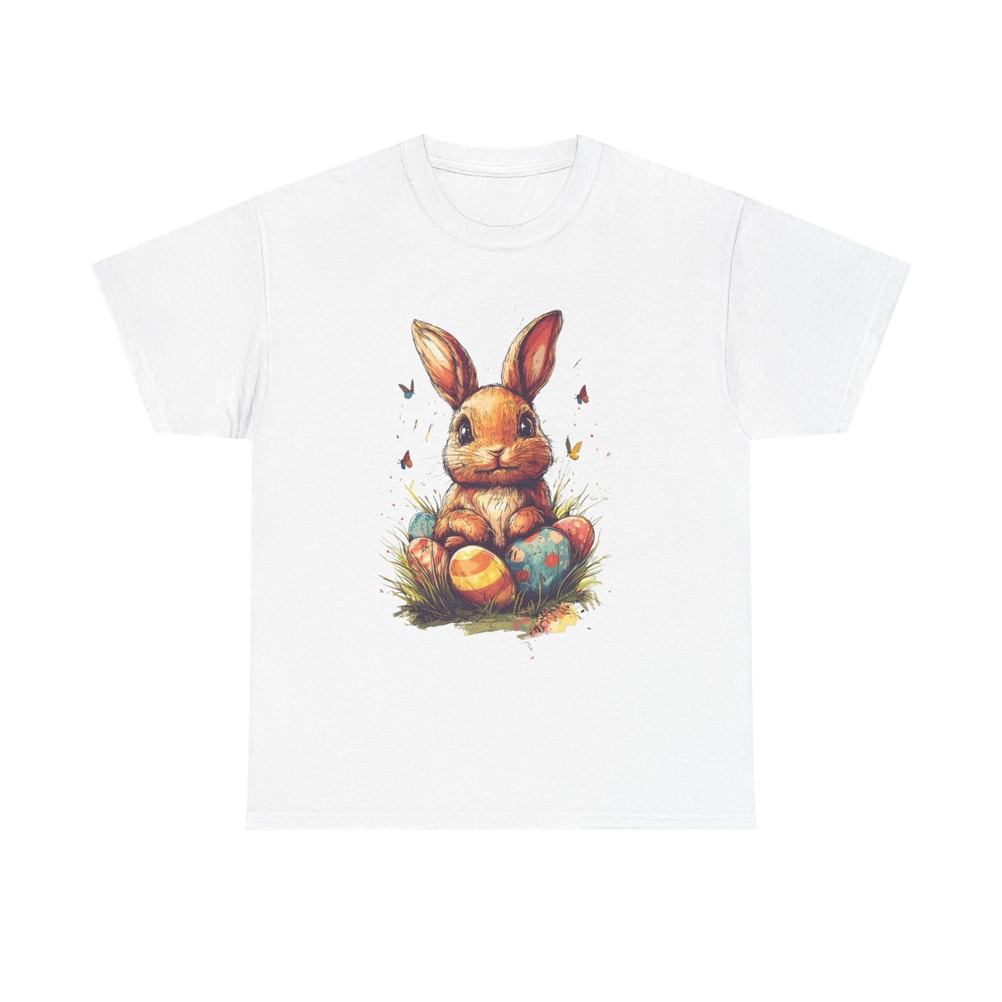 Playful Easter Bunny with Colorful Eggs Unisex Heavy Cotton Tee - Festive Spring Apparel - Tee Fusion Lab