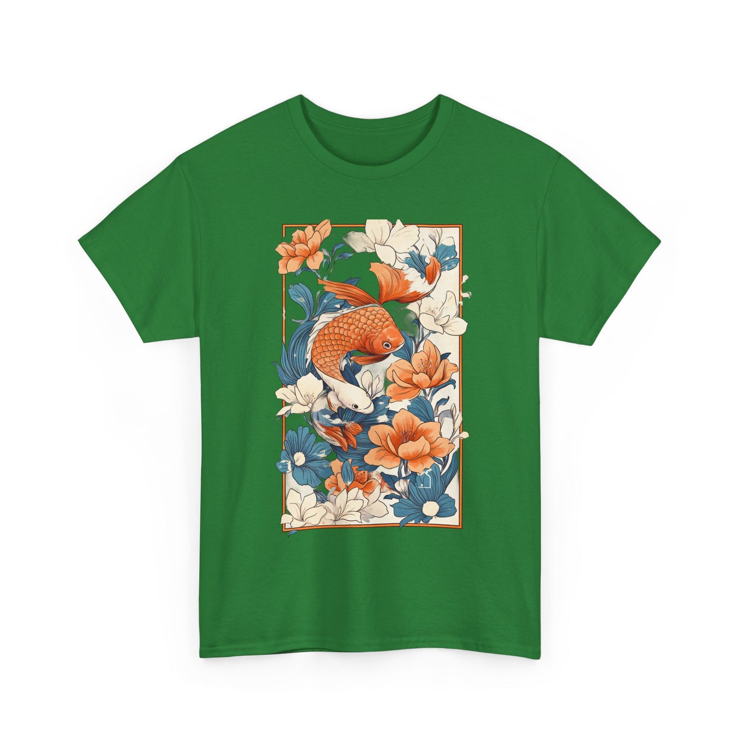 Koi Fish Floral Unisex Heavy Cotton Tee - Vibrant Nature-Inspired Graphic T-Shirt