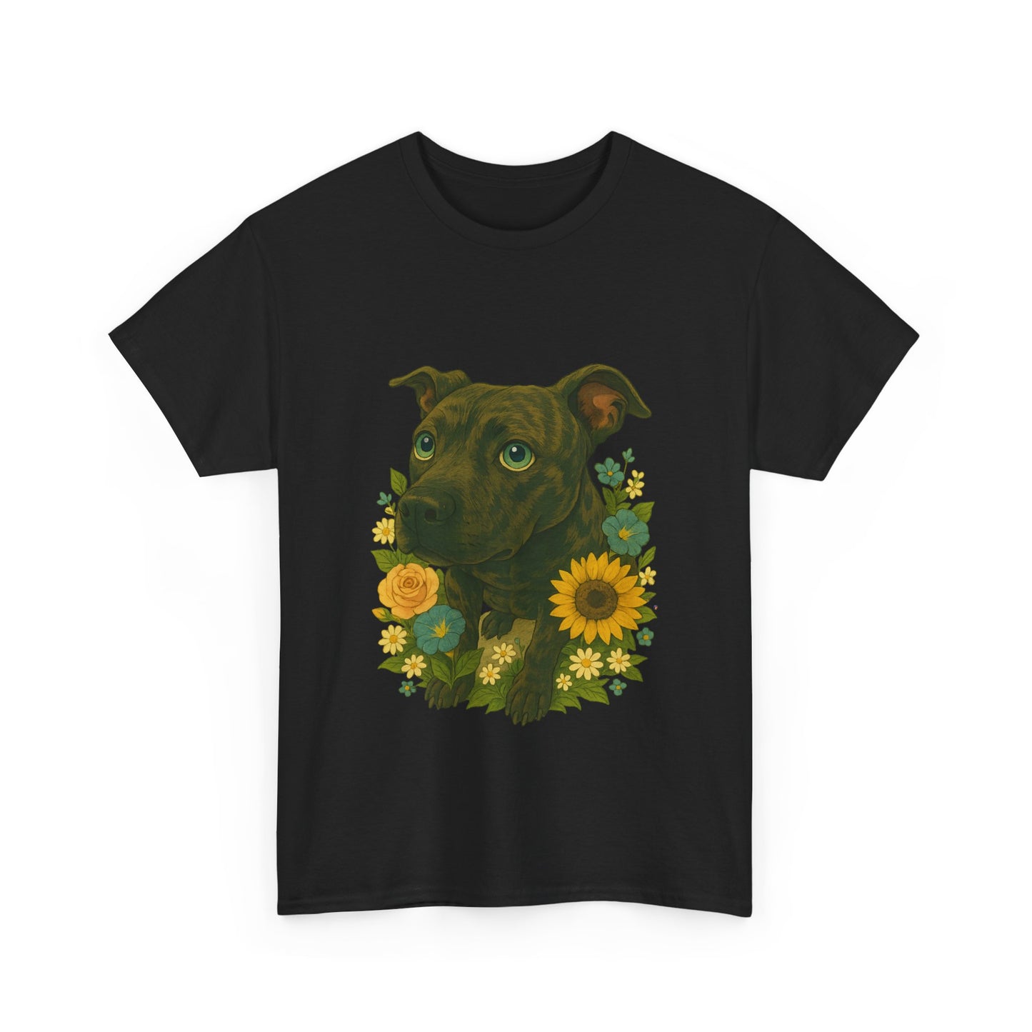 Bloom Pup – Floral Pitbull Portrait Tee Unisex Heavy Cotton Tee - Floral Dog Design