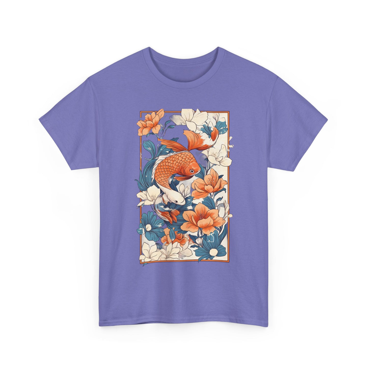 Koi Fish Floral Unisex Heavy Cotton Tee - Vibrant Nature-Inspired Graphic T-Shirt