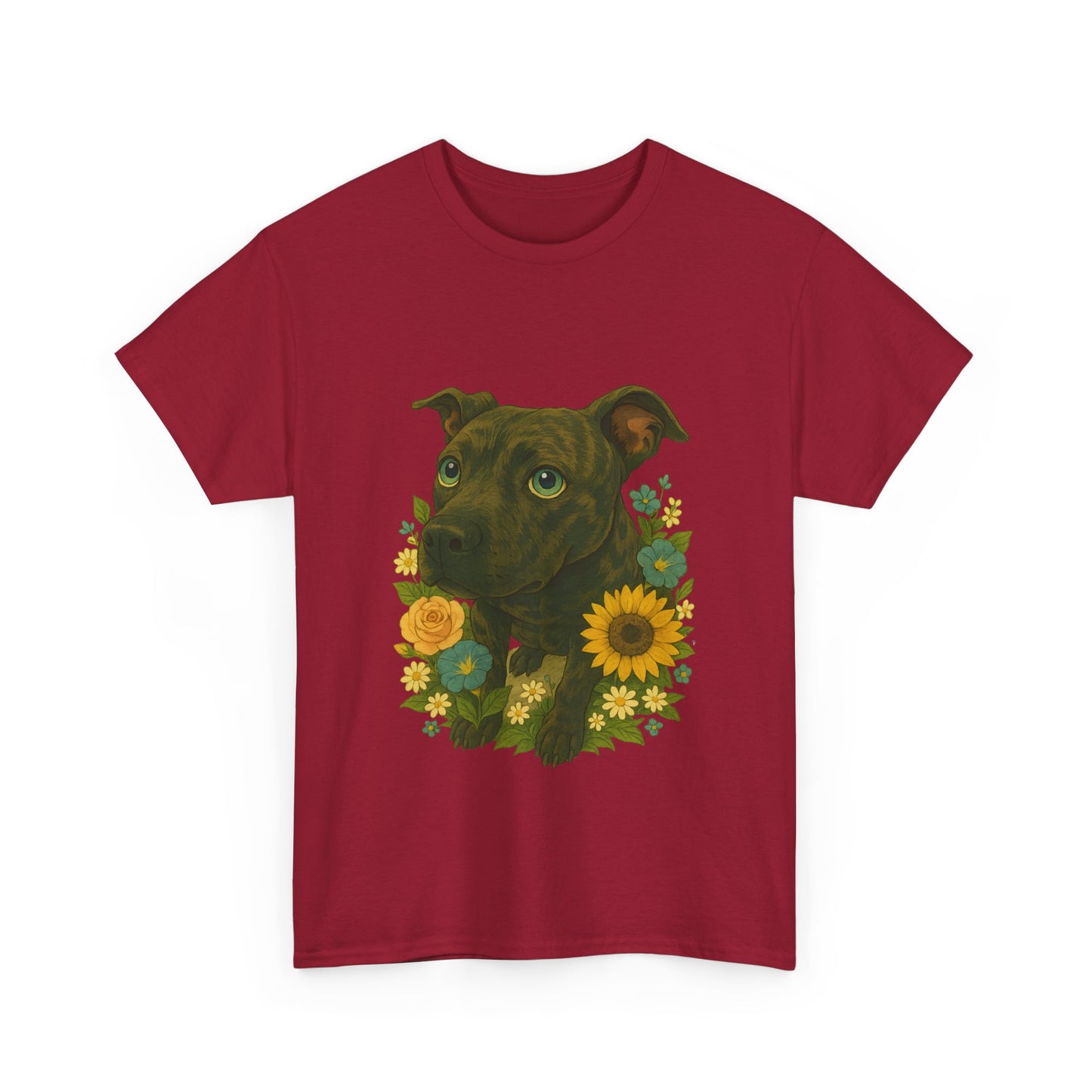 Bloom Pup – Floral Pitbull Portrait Tee Unisex Heavy Cotton Tee - Floral Dog Design