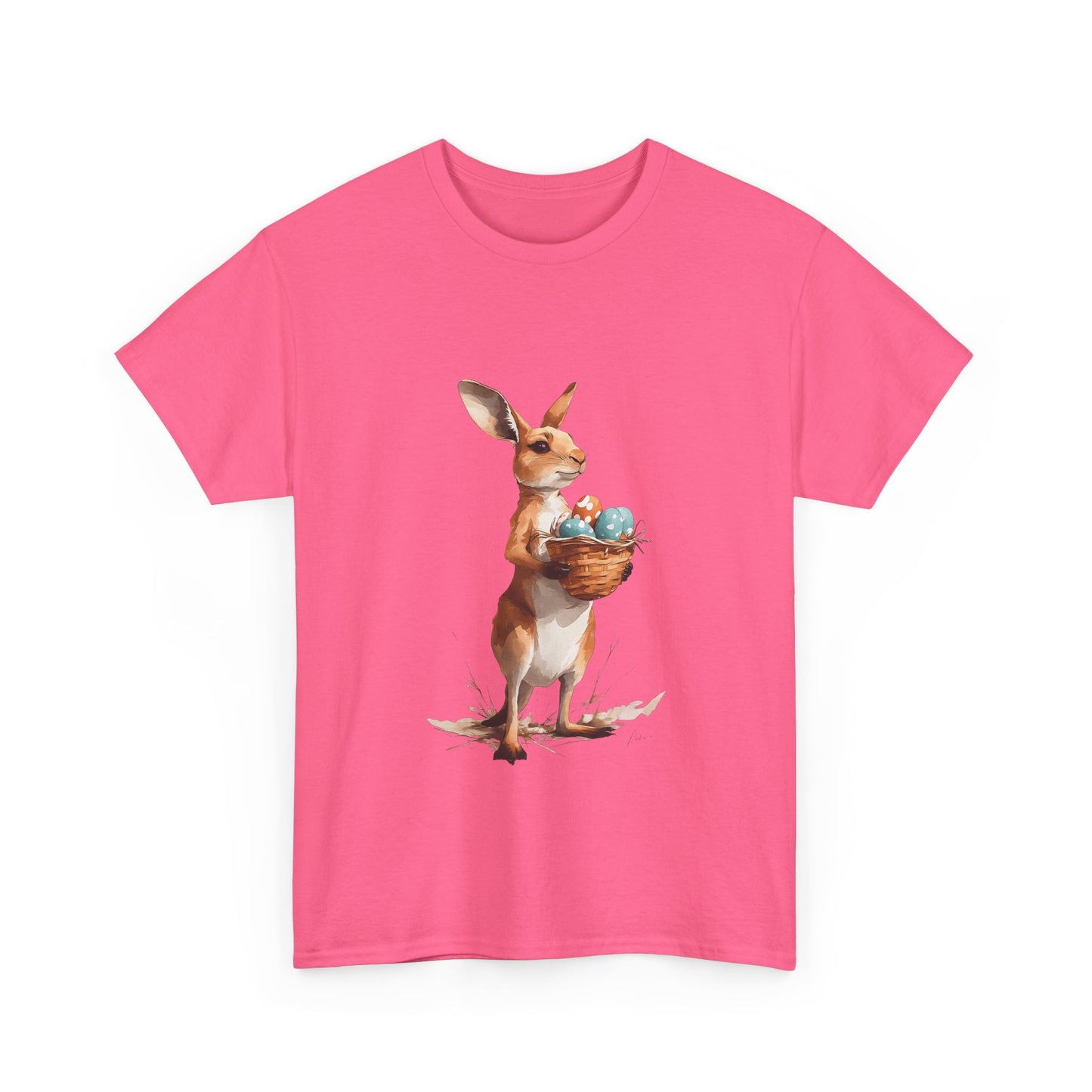 Easter Kangaroo with Basket of Eggs Unisex Heavy Cotton Tee - Cute Kangaroo with Eggs Design