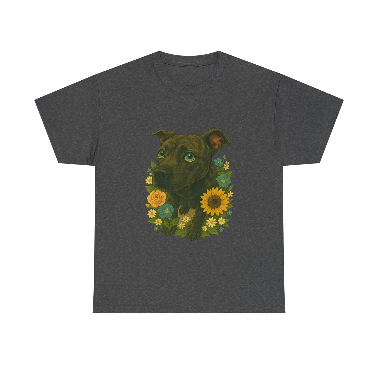 Bloom Pup – Floral Pitbull Portrait Tee Unisex Heavy Cotton Tee - Floral Dog Design