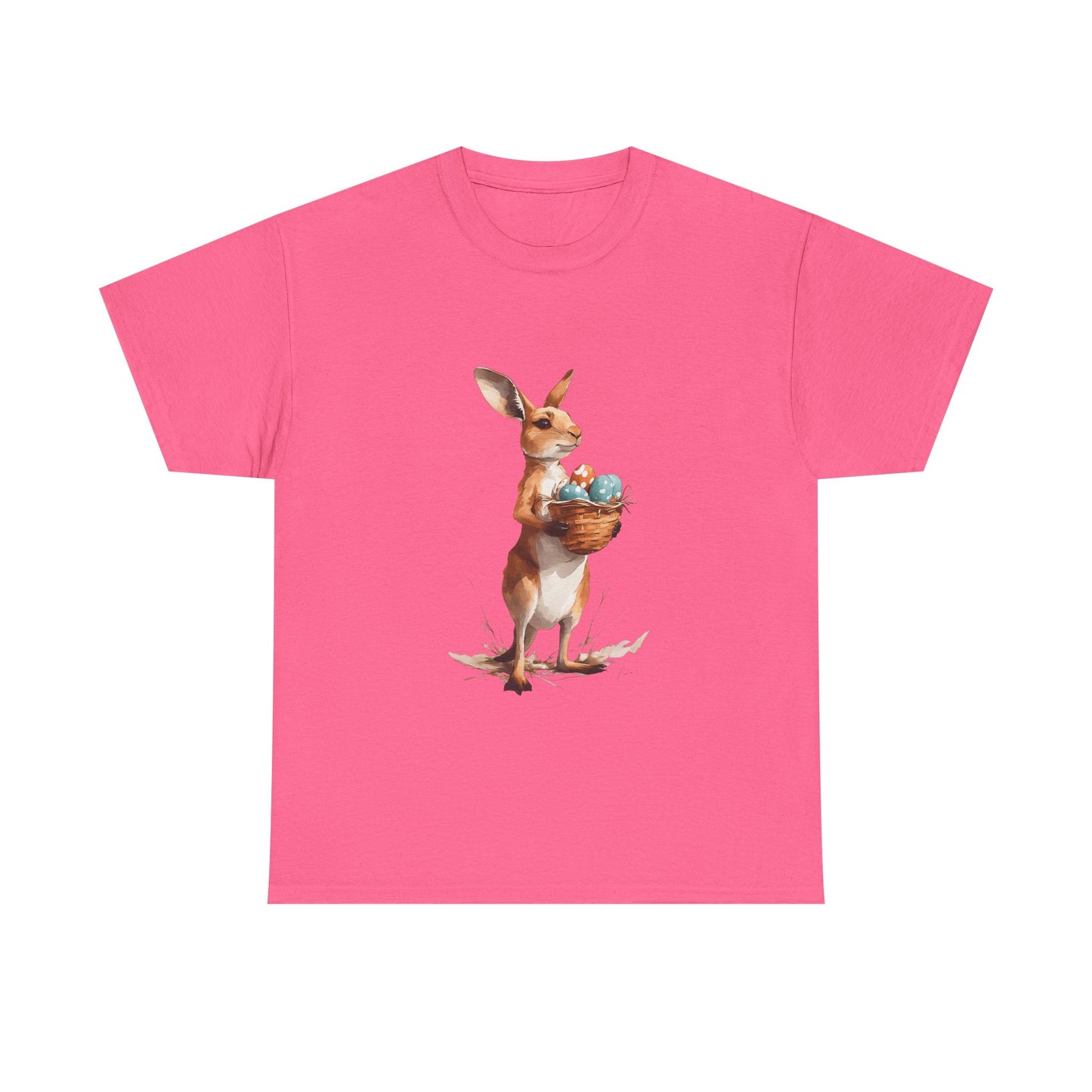 Easter Kangaroo with Basket of Eggs Unisex Heavy Cotton Tee - Cute Kangaroo with Eggs Design