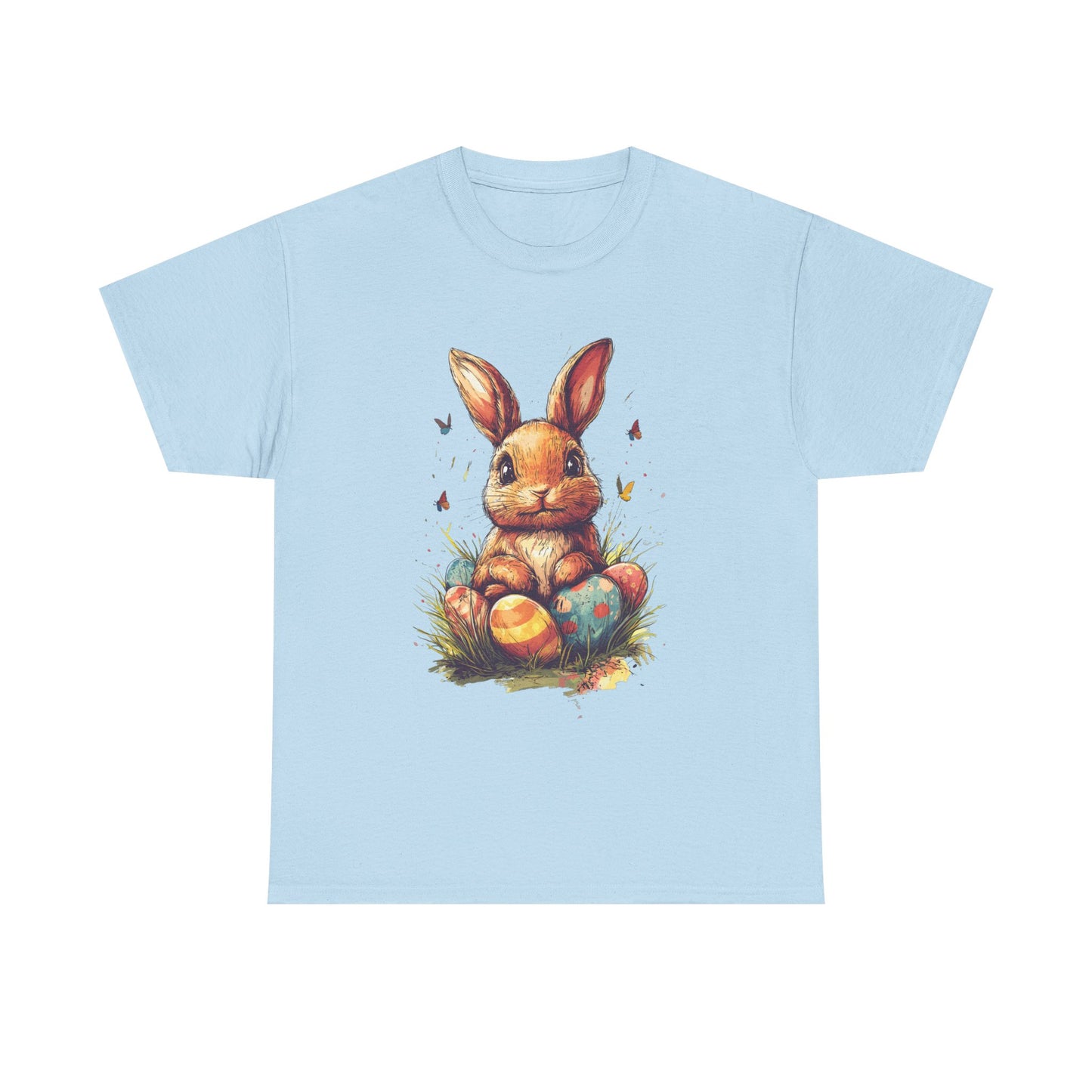 Playful Easter Bunny with Colorful Eggs Unisex Heavy Cotton Tee - Festive Spring Apparel - Tee Fusion Lab