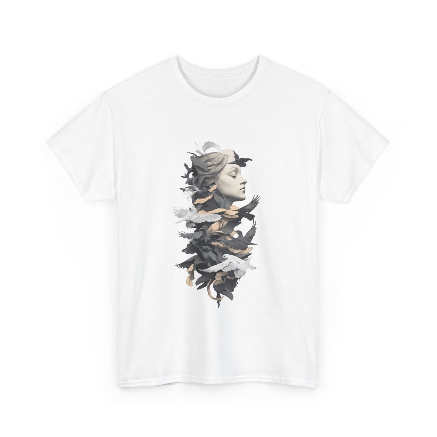 Unisex Heavy Cotton Tee - Serene Bird and Face Art Design - Tee Fusion Lab