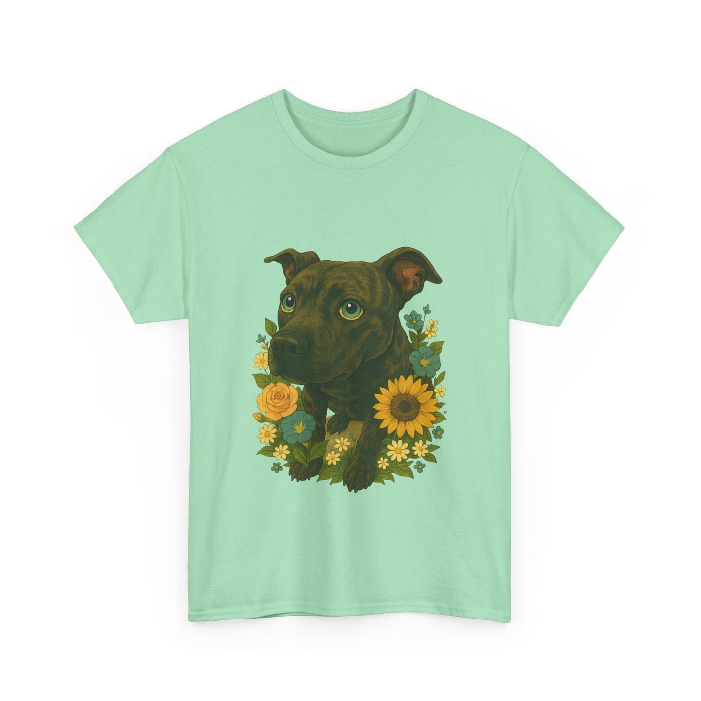 Bloom Pup – Floral Pitbull Portrait Tee Unisex Heavy Cotton Tee - Floral Dog Design