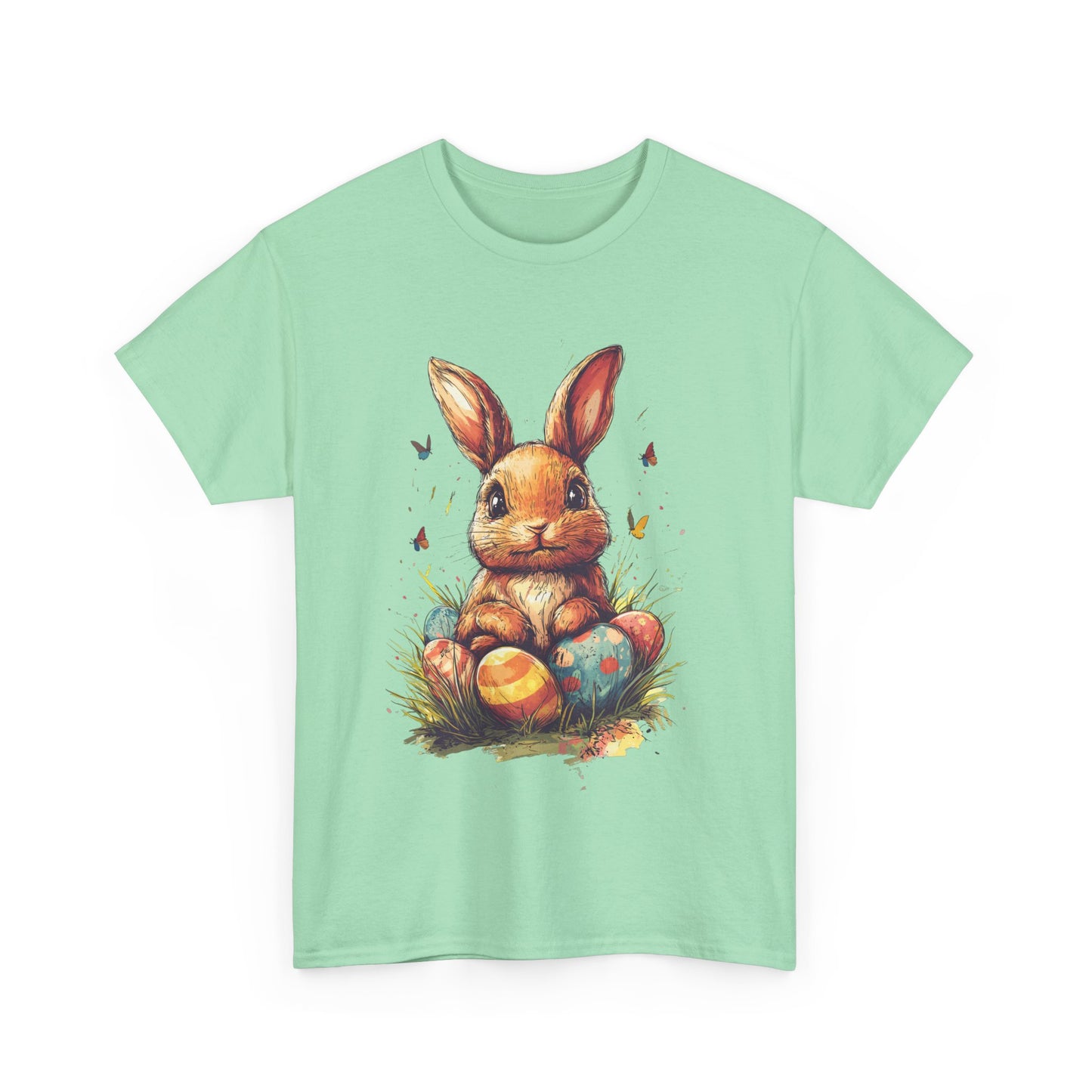 Playful Easter Bunny with Colorful Eggs Unisex Heavy Cotton Tee - Festive Spring Apparel - Tee Fusion Lab