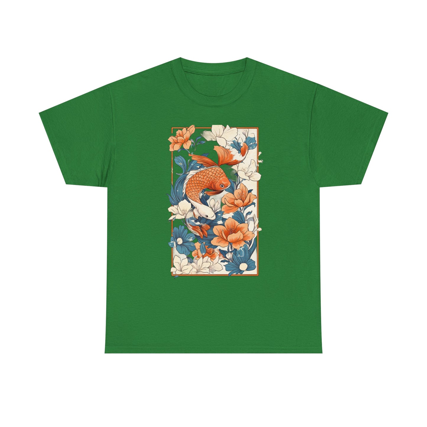 Koi Fish Floral Unisex Heavy Cotton Tee - Vibrant Nature-Inspired Graphic T-Shirt