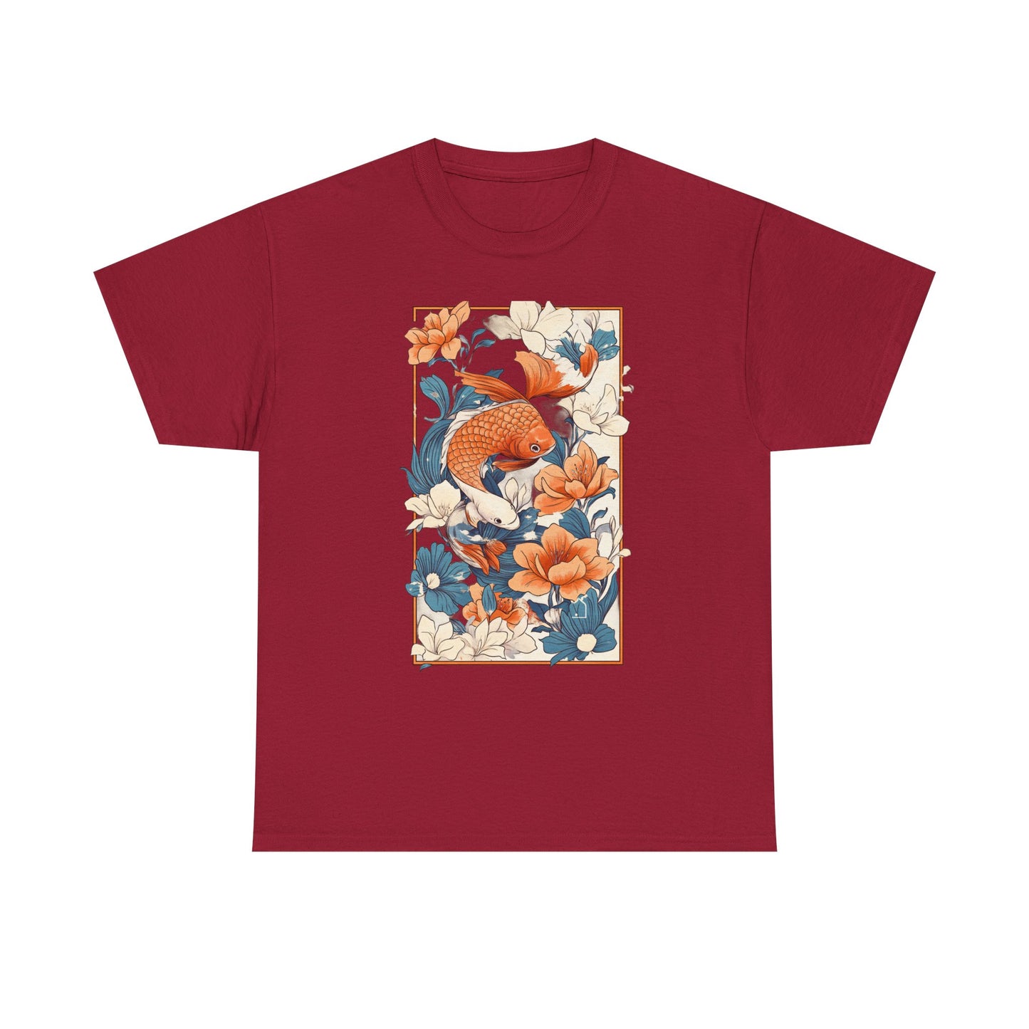 Koi Fish Floral Unisex Heavy Cotton Tee - Vibrant Nature-Inspired Graphic T-Shirt