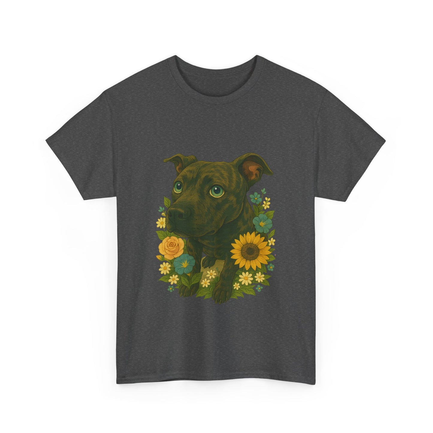 Bloom Pup – Floral Pitbull Portrait Tee Unisex Heavy Cotton Tee - Floral Dog Design
