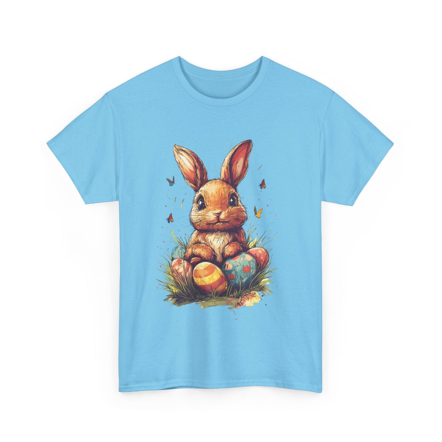 Playful Easter Bunny with Colorful Eggs Unisex Heavy Cotton Tee - Festive Spring Apparel - Tee Fusion Lab