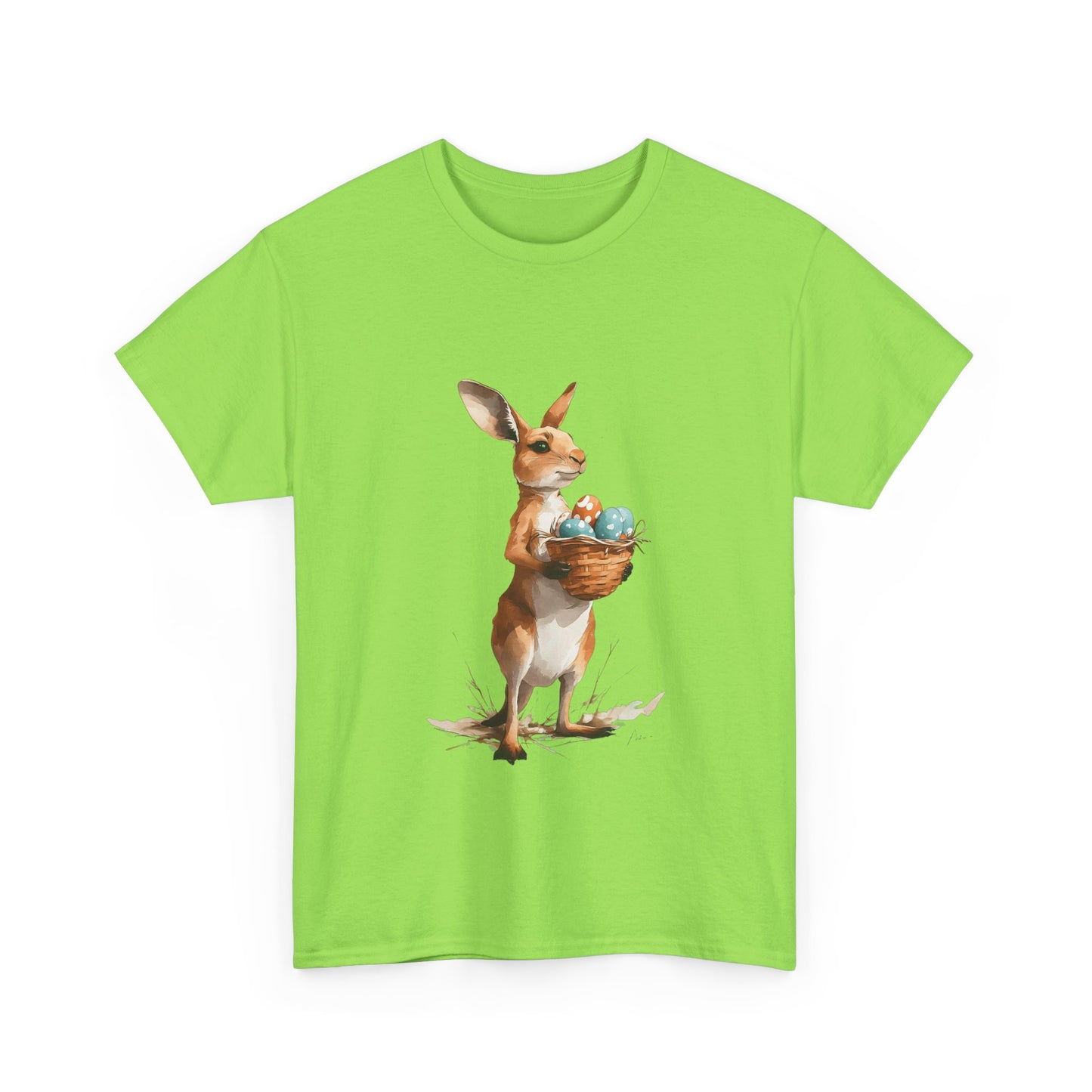 Easter Kangaroo with Basket of Eggs Unisex Heavy Cotton Tee - Cute Kangaroo with Eggs Design