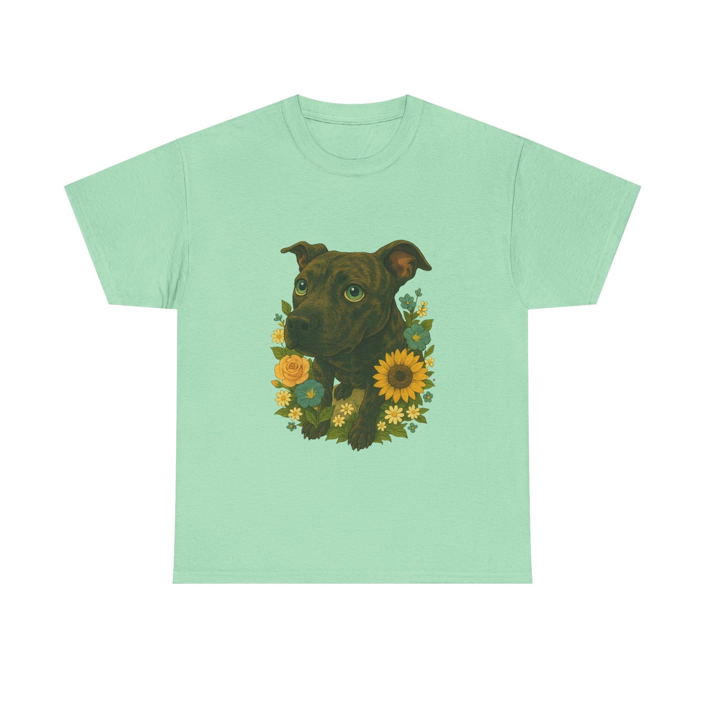 Bloom Pup – Floral Pitbull Portrait Tee Unisex Heavy Cotton Tee - Floral Dog Design