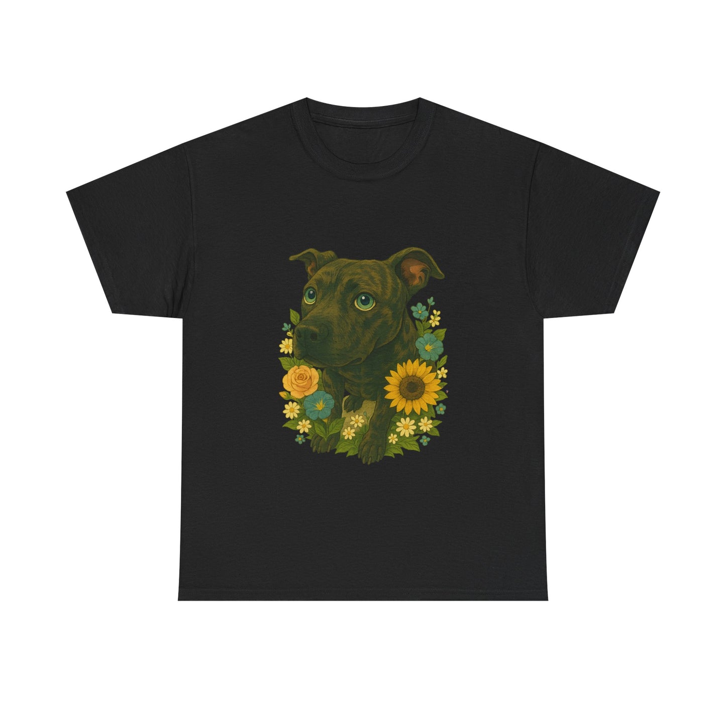 Bloom Pup – Floral Pitbull Portrait Tee Unisex Heavy Cotton Tee - Floral Dog Design