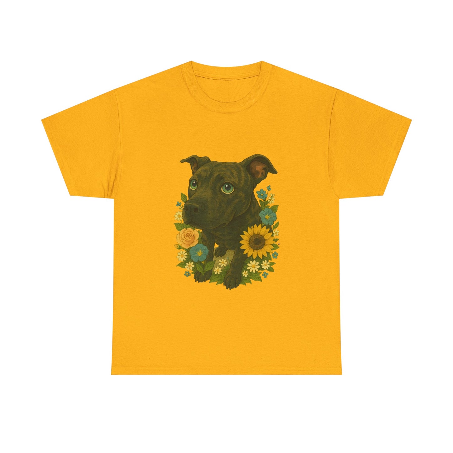 Bloom Pup – Floral Pitbull Portrait Tee Unisex Heavy Cotton Tee - Floral Dog Design
