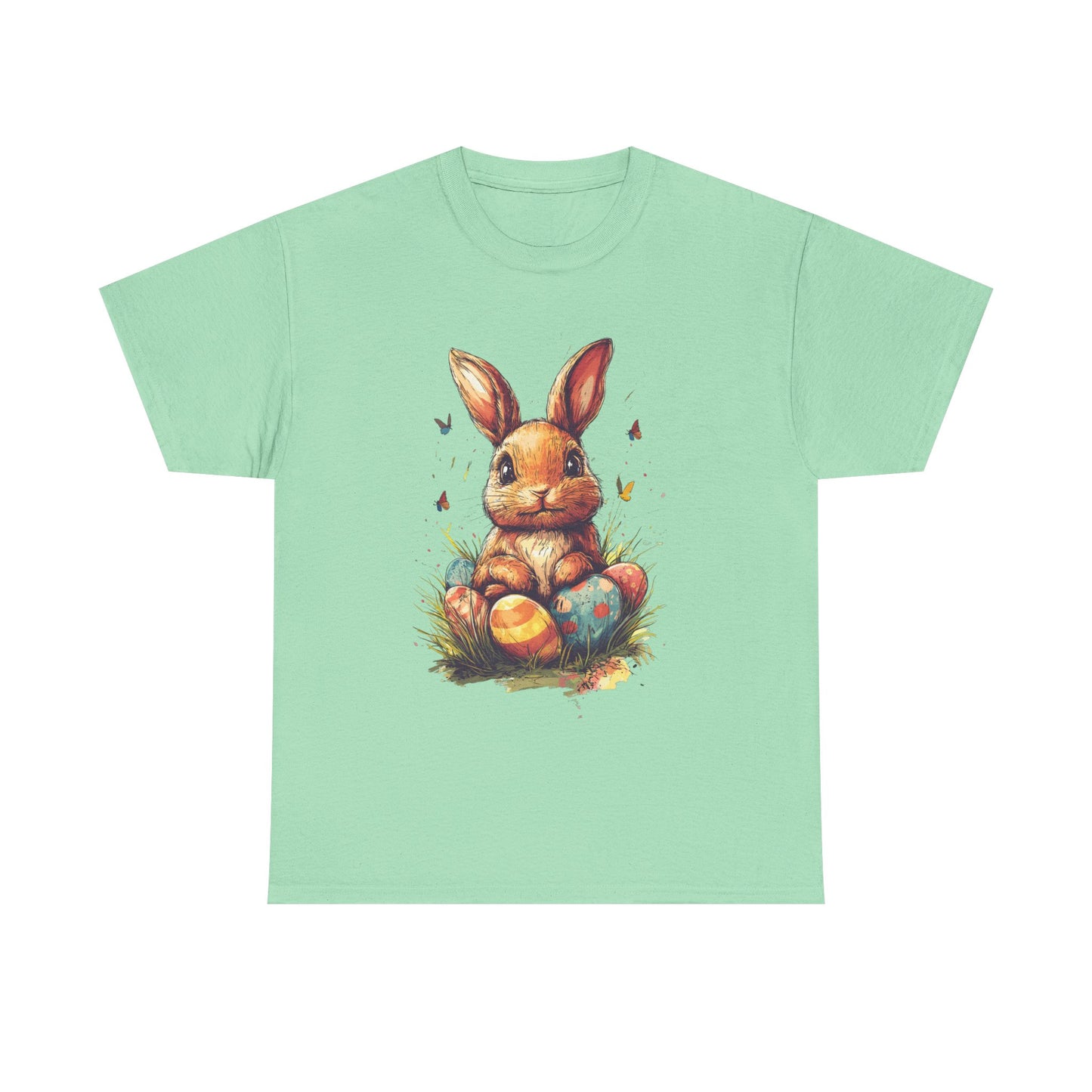 Playful Easter Bunny with Colorful Eggs Unisex Heavy Cotton Tee - Festive Spring Apparel - Tee Fusion Lab