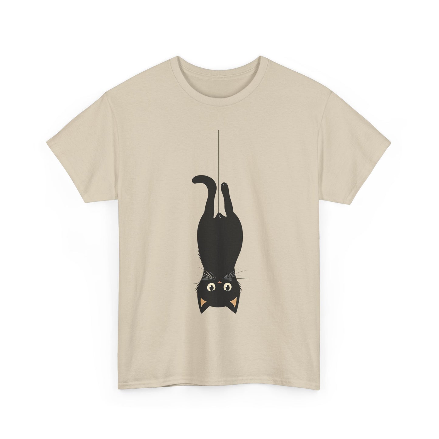 Funny Black Cat Unisex Heavy Cotton Tee - Upside-Down Hanging Cat
