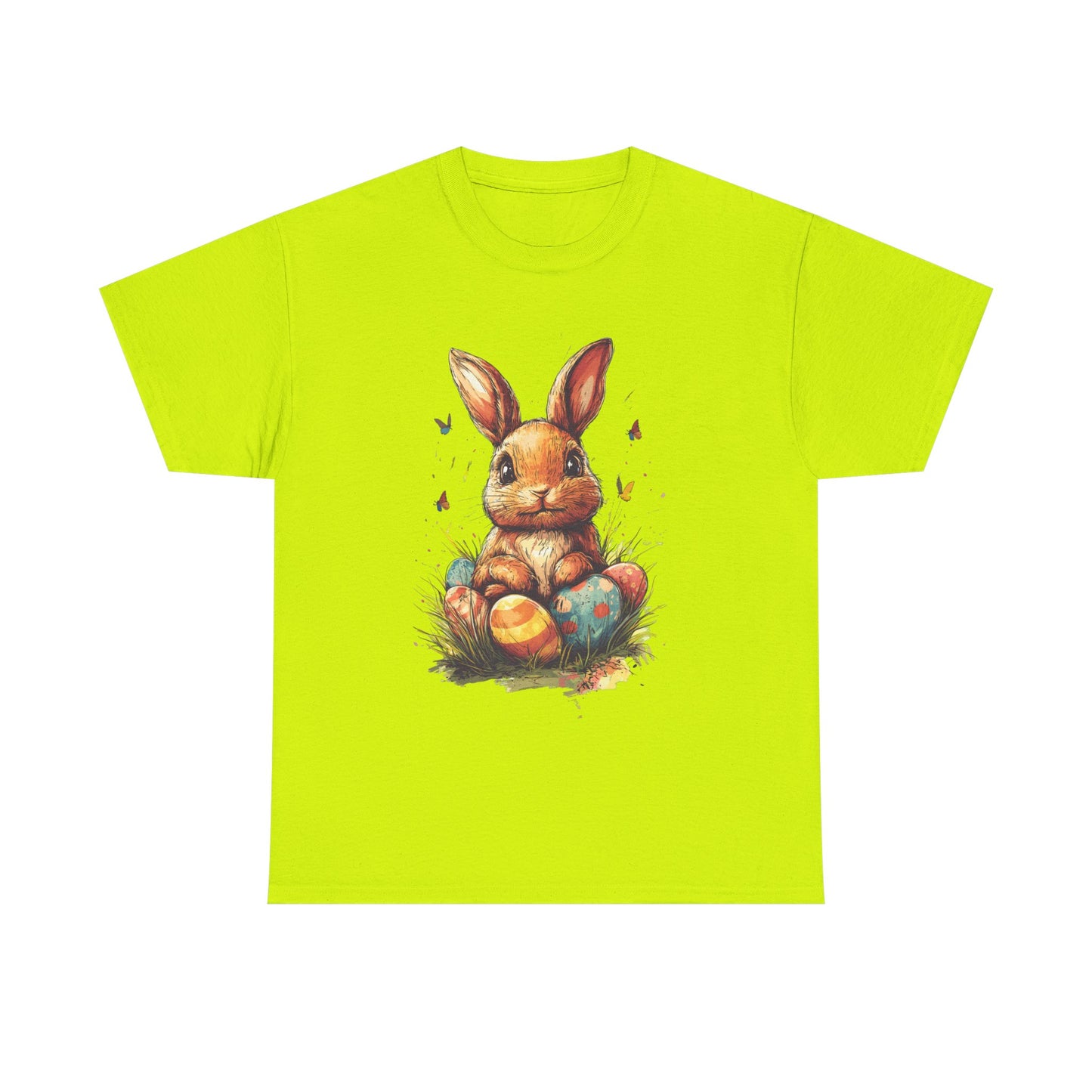 Playful Easter Bunny with Colorful Eggs Unisex Heavy Cotton Tee - Festive Spring Apparel - Tee Fusion Lab