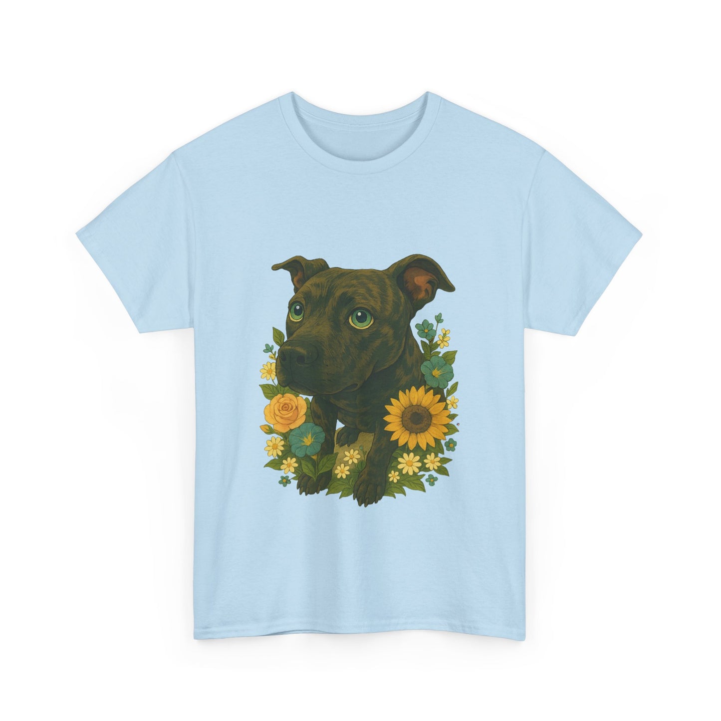Bloom Pup – Floral Pitbull Portrait Tee Unisex Heavy Cotton Tee - Floral Dog Design