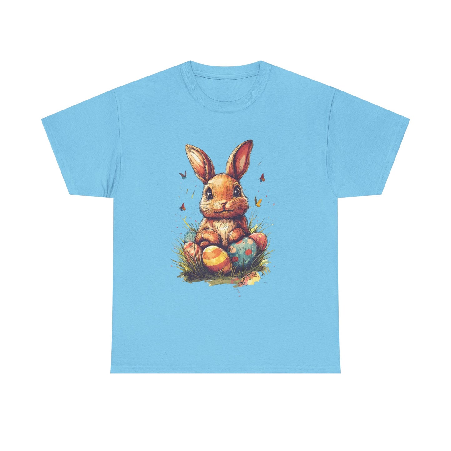 Playful Easter Bunny with Colorful Eggs Unisex Heavy Cotton Tee - Festive Spring Apparel - Tee Fusion Lab