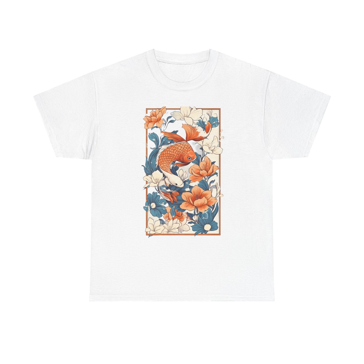 Koi Fish Floral Unisex Heavy Cotton Tee - Vibrant Nature-Inspired Graphic T-Shirt
