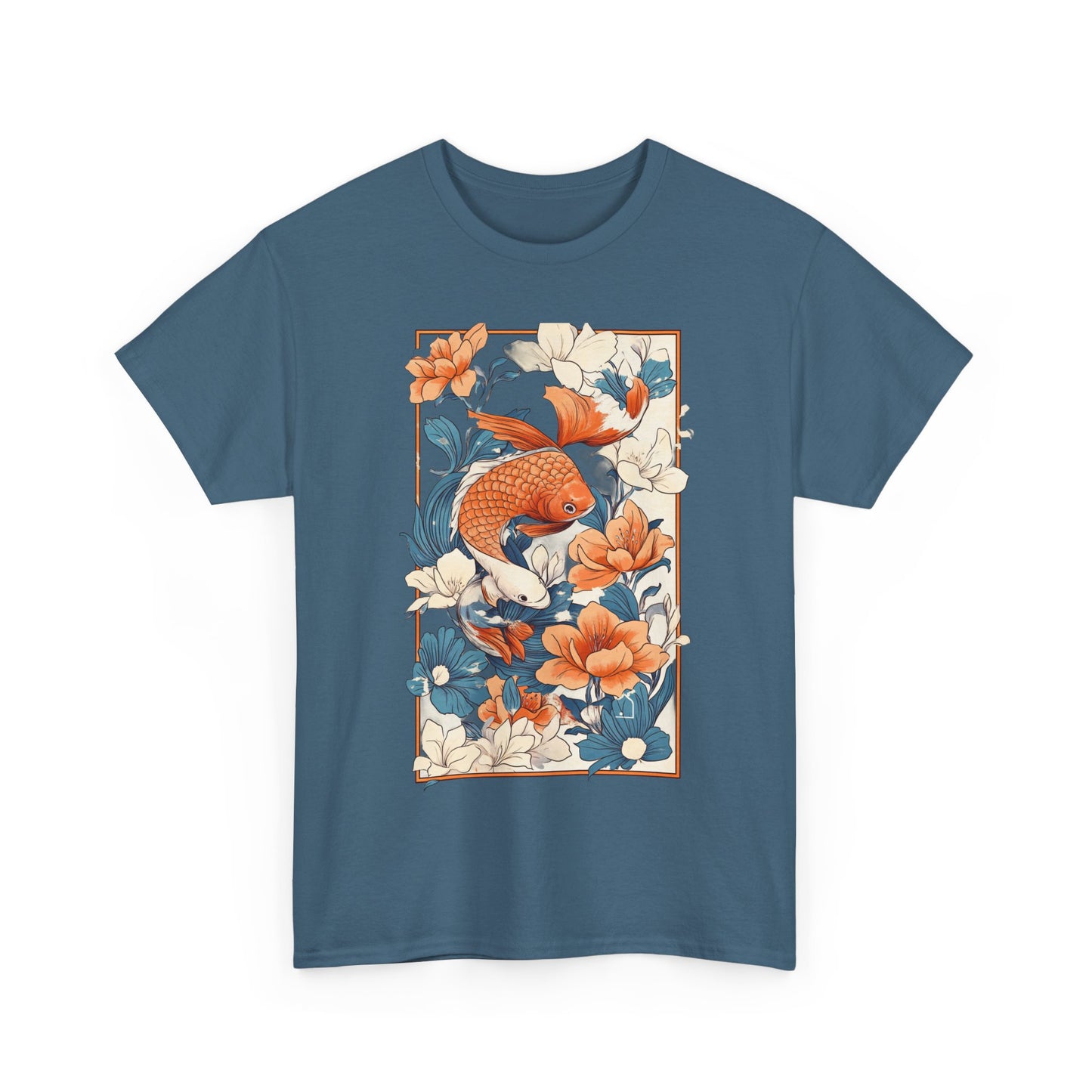Koi Fish Floral Unisex Heavy Cotton Tee - Vibrant Nature-Inspired Graphic T-Shirt