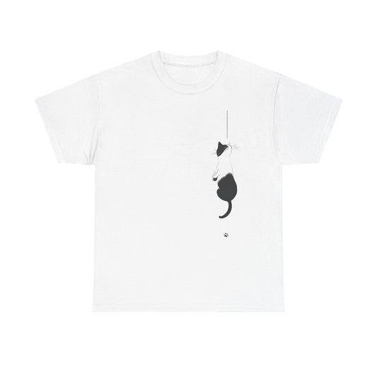 Cat Lover Unisex Heavy Cotton Tee - Curious Cat Hanging - Tee Fusion Lab