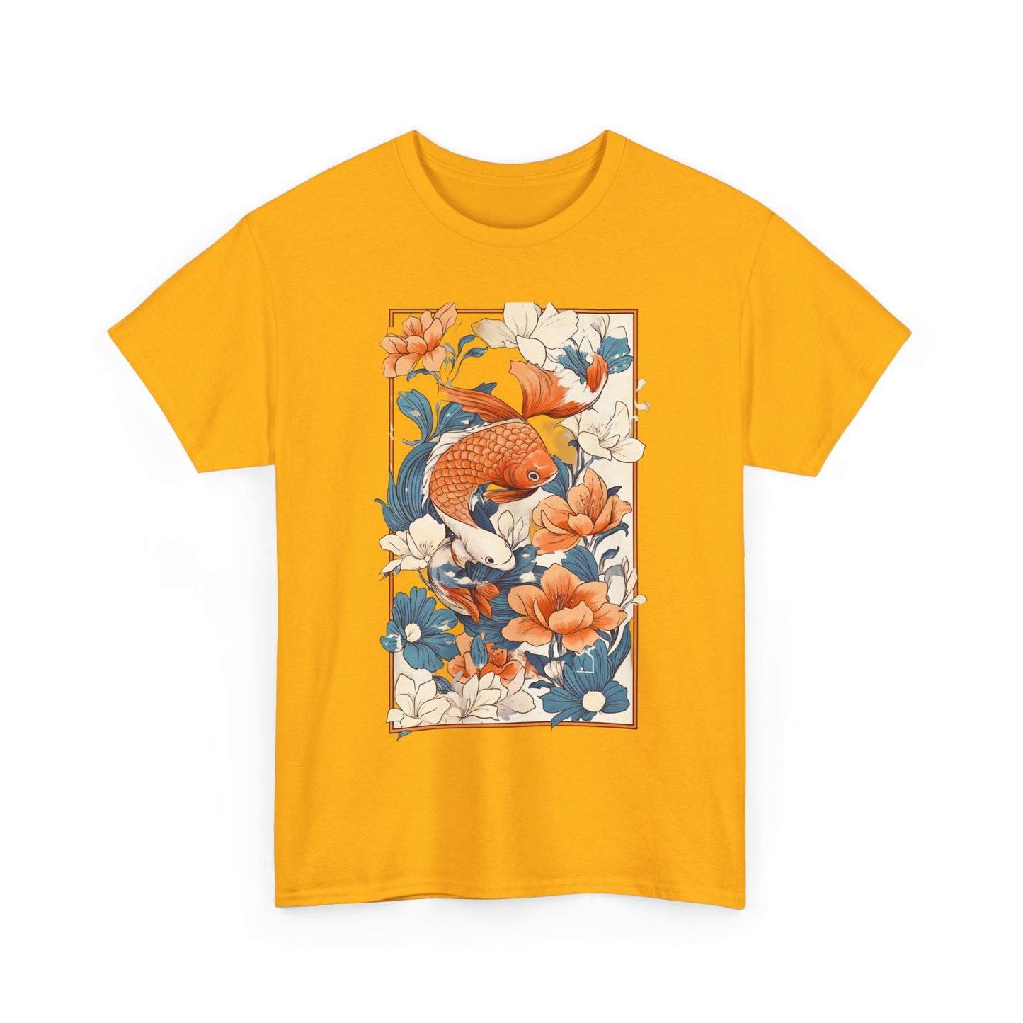 Koi Fish Floral Unisex Heavy Cotton Tee - Vibrant Nature-Inspired Graphic T-Shirt