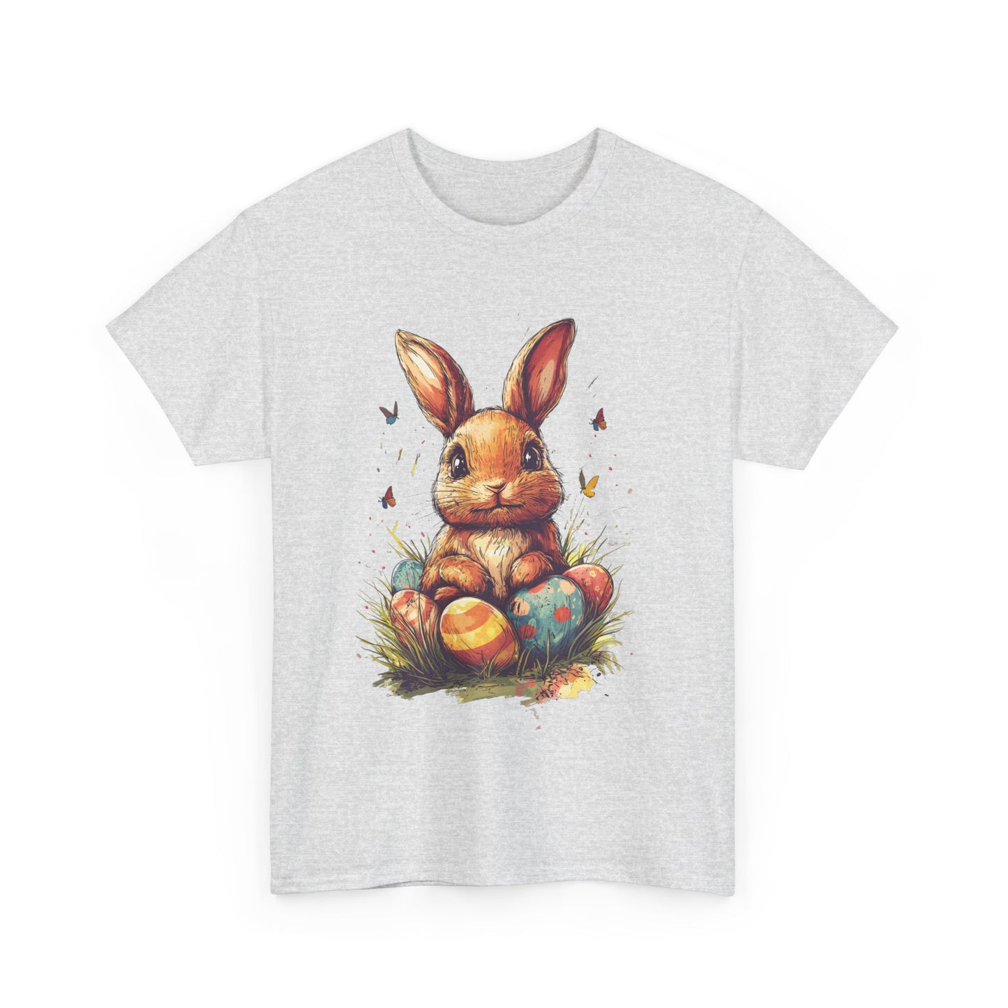 Playful Easter Bunny with Colorful Eggs Unisex Heavy Cotton Tee - Festive Spring Apparel - Tee Fusion Lab