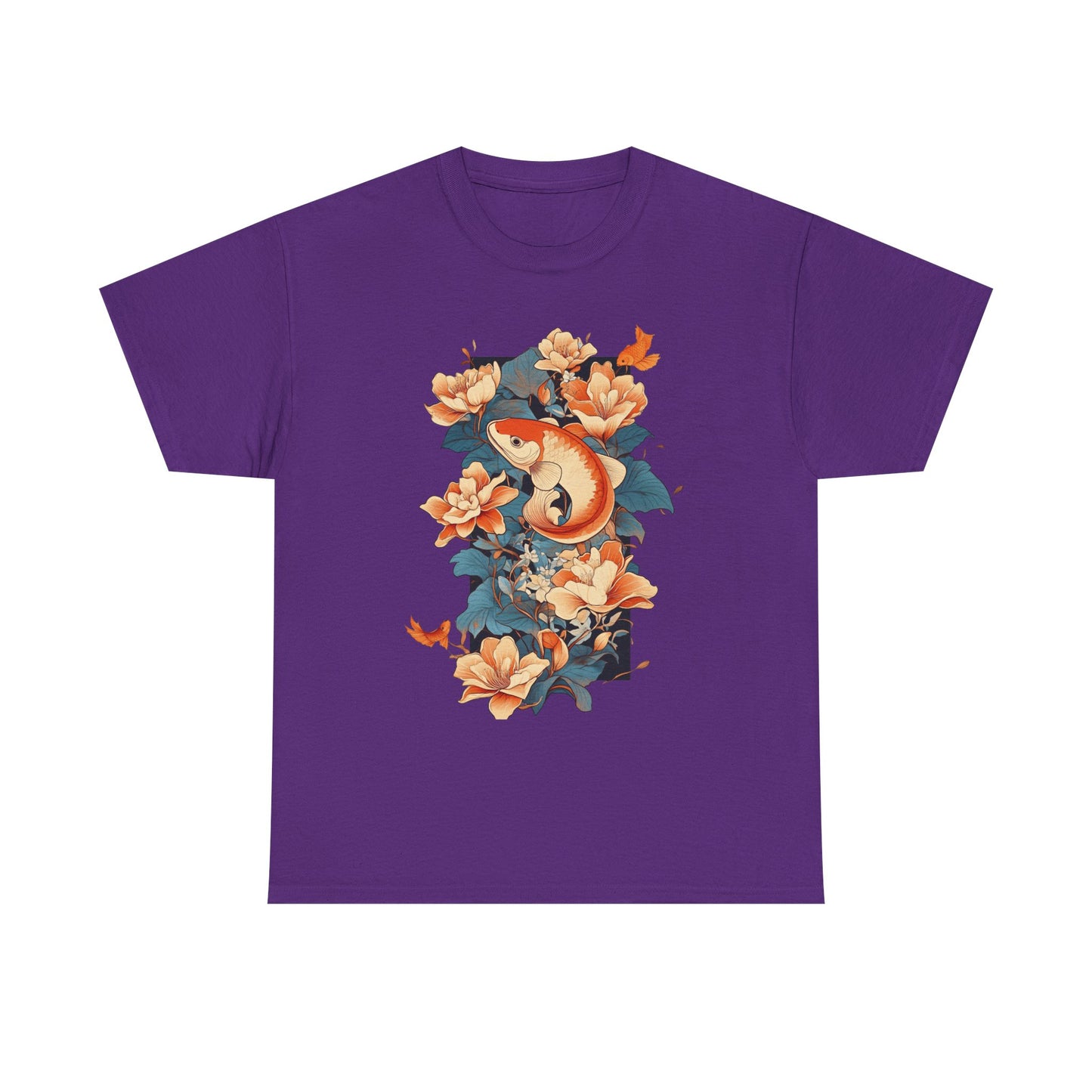 Floral Koi Unisex Heavy Cotton Tee - Vibrant Nature-Inspired Shirt for Casual Wear - Tee Fusion Lab