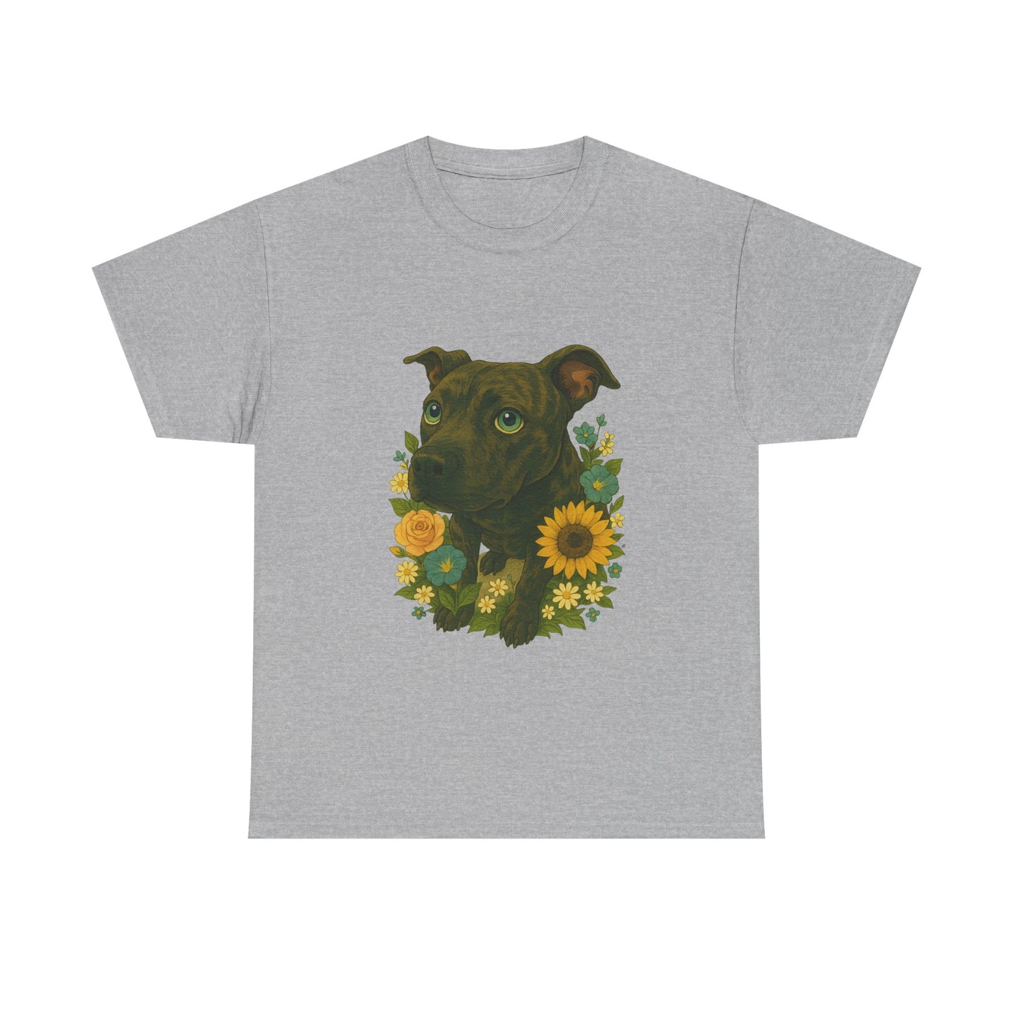 Bloom Pup – Floral Pitbull Portrait Tee Unisex Heavy Cotton Tee - Floral Dog Design