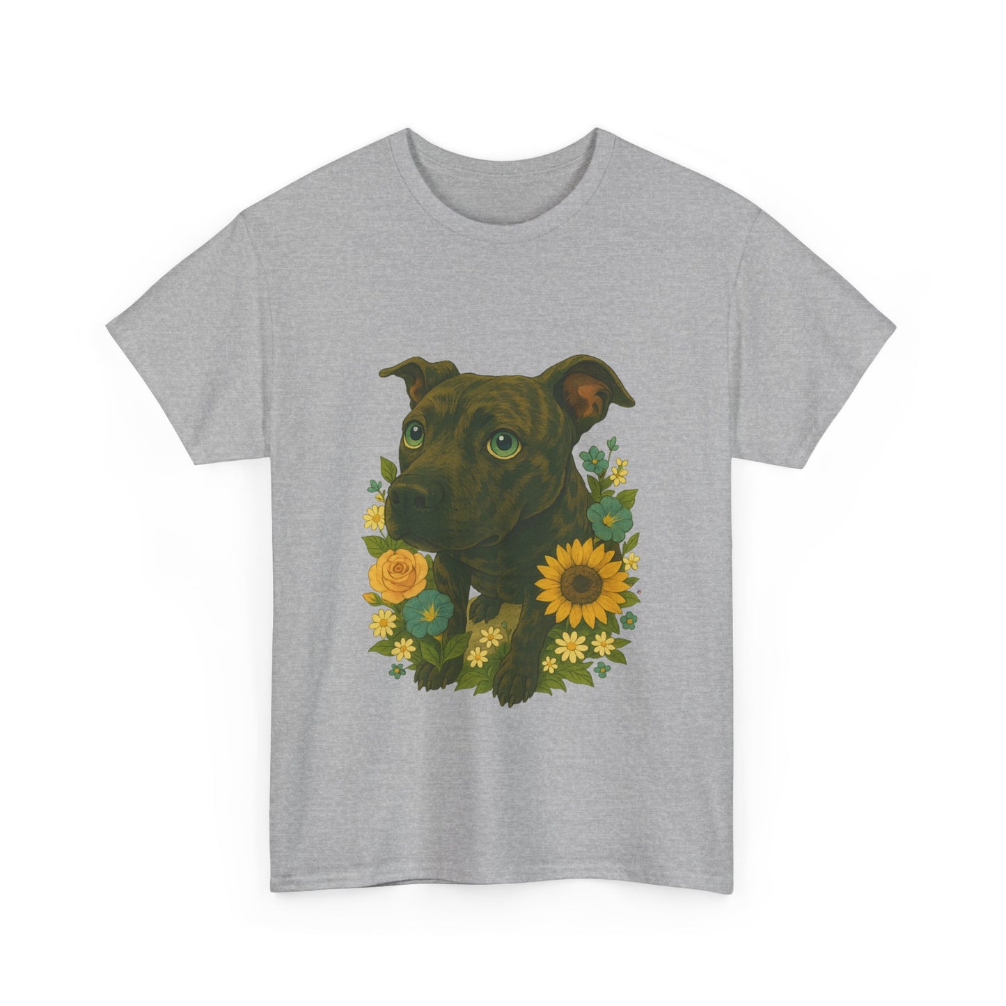 Bloom Pup – Floral Pitbull Portrait Tee Unisex Heavy Cotton Tee - Floral Dog Design
